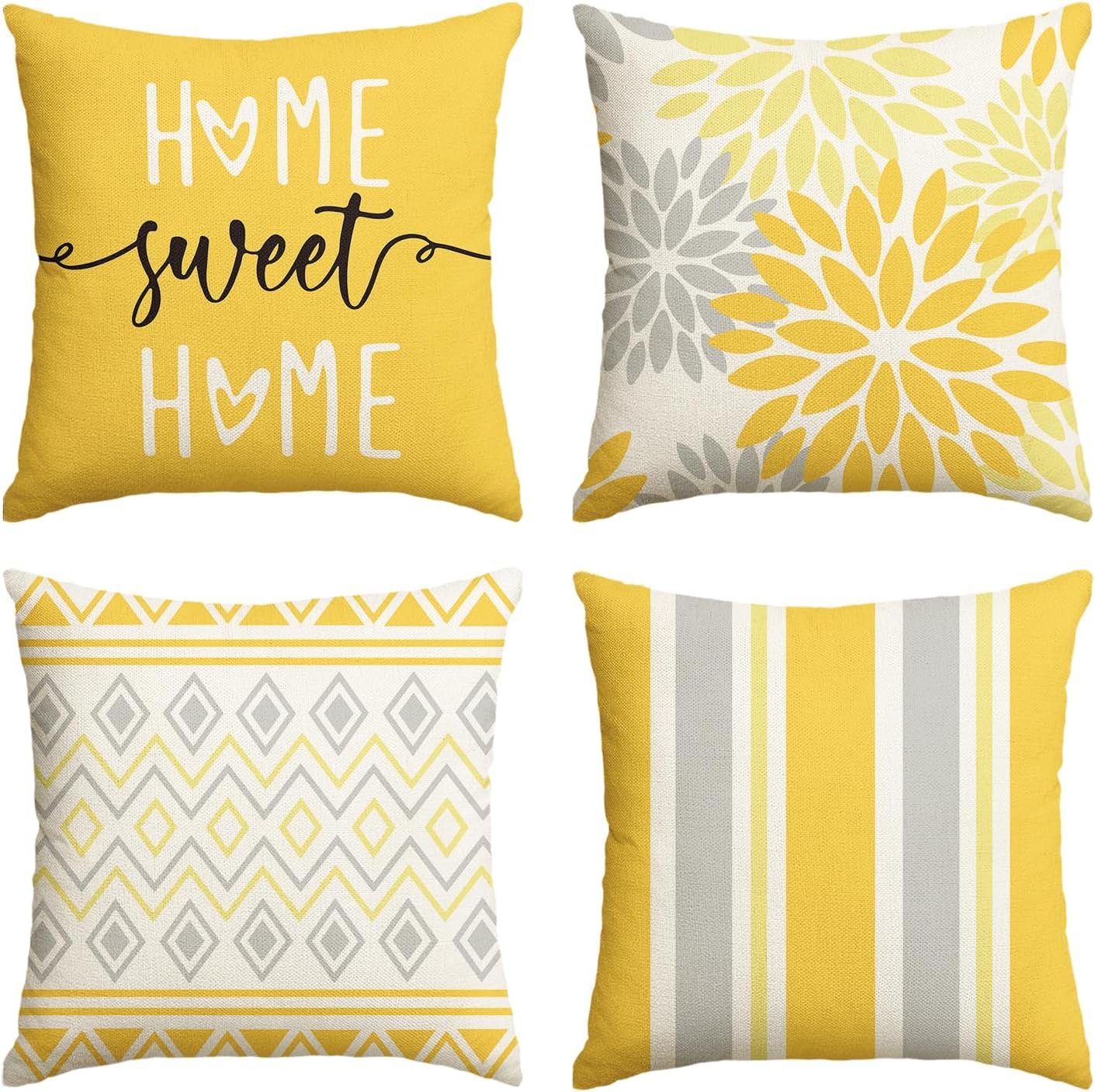 AVOIN colorlife Dahlia Flowers Yellow Summer Throw Pillow Covers, 18 x 18 Inch Home Sweet Home Living Room Outdoor Cushion Case Decoration for Sofa Couch Set of 4