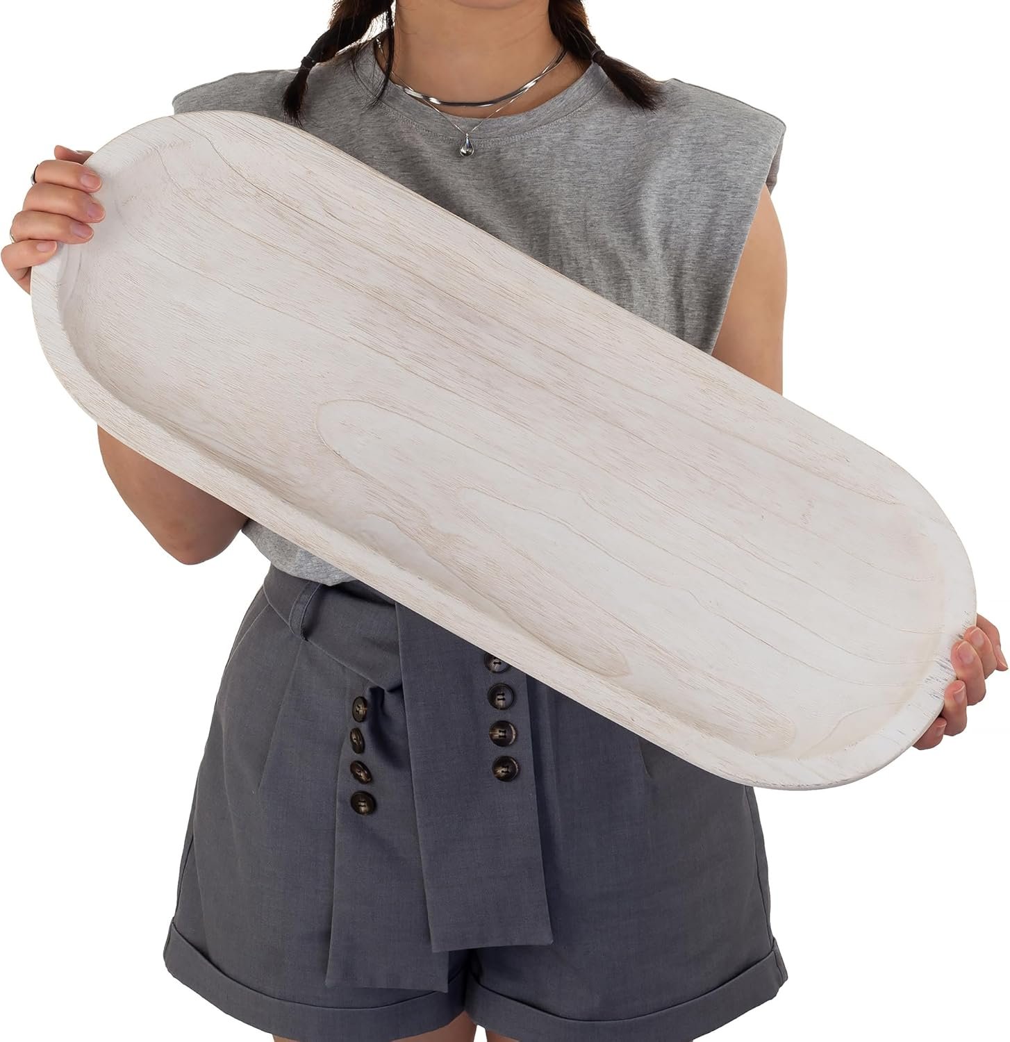 Hanobe Decorative Bowl Large Wooden: 25.5″ Extra Long Wood Dough Bowls for Entry Way Table – Farmhouse Coffee Table Decor – Rustic Dining Table Centerpiece Decor, White
