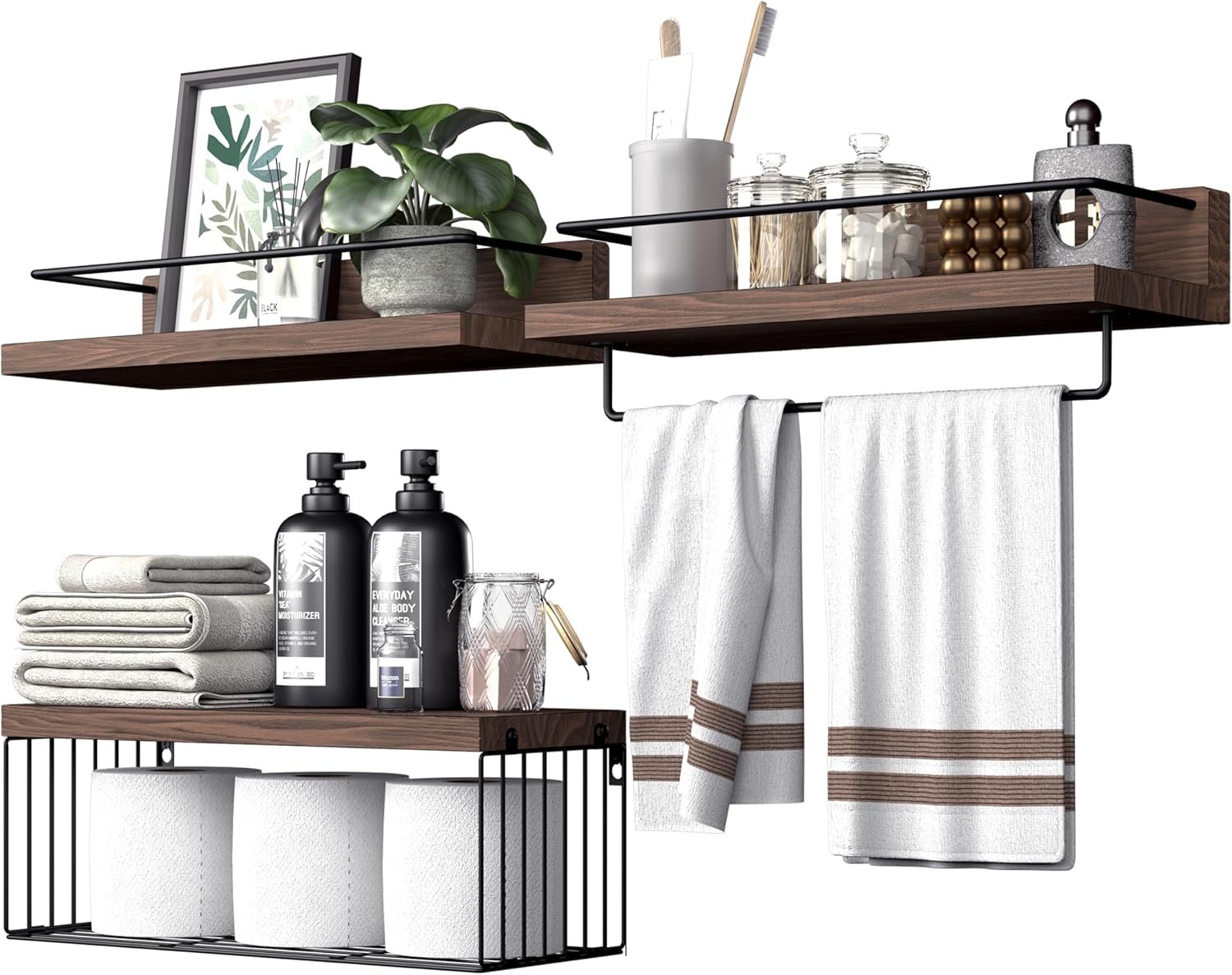 PopiShelves Bathroom Shelves Over Toilet for Wall, Floating Shelves with Storage Basket Paper Holer for Kitchen Living Room, Bedroom & Classroom, Set of 3 (Dark Brown)