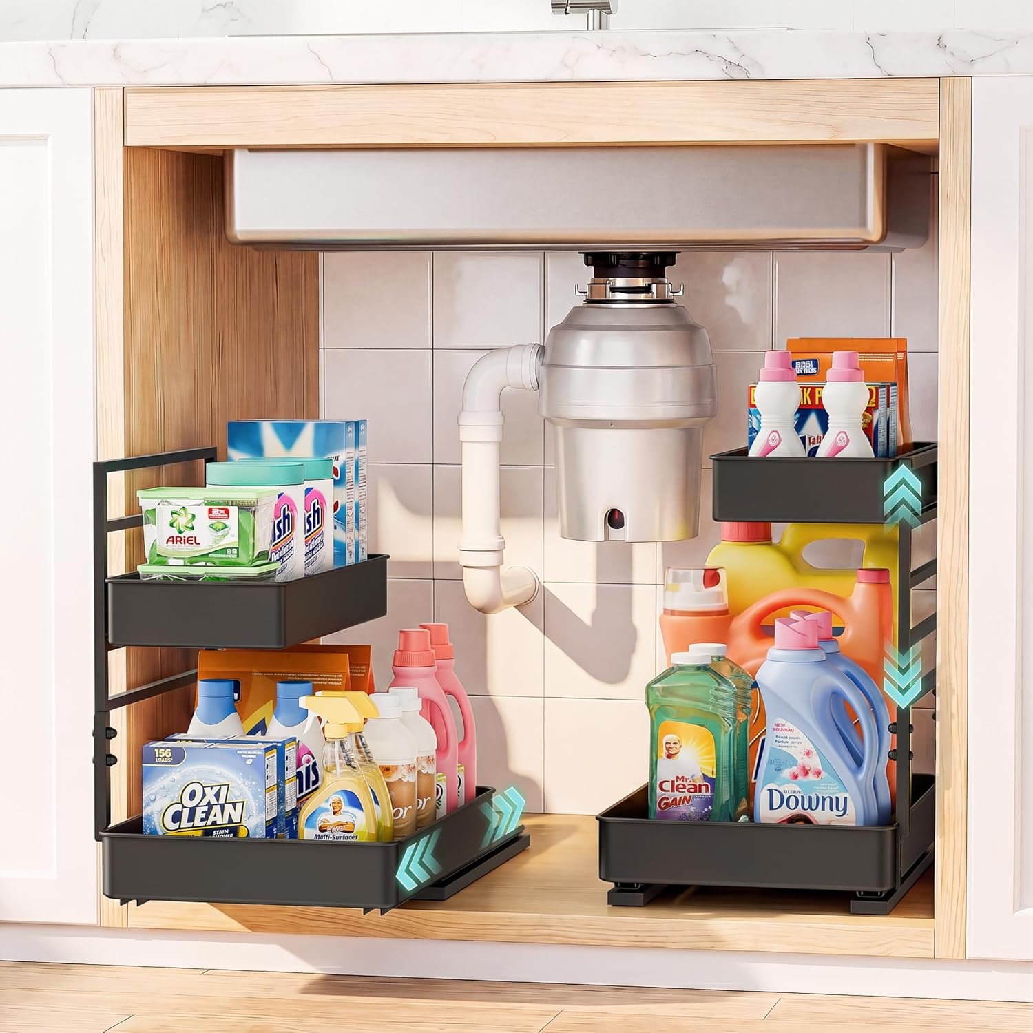 EVERIE Height Adjustable 2 Tier Metal Pull Out Slide Shelf Organizer for Under Sink Cabinets in Kitchen, Bathroom, with Snap-on Top Tray, 16″ Deep (Black, 2 Sets) | Pull Out, Slide Shelf