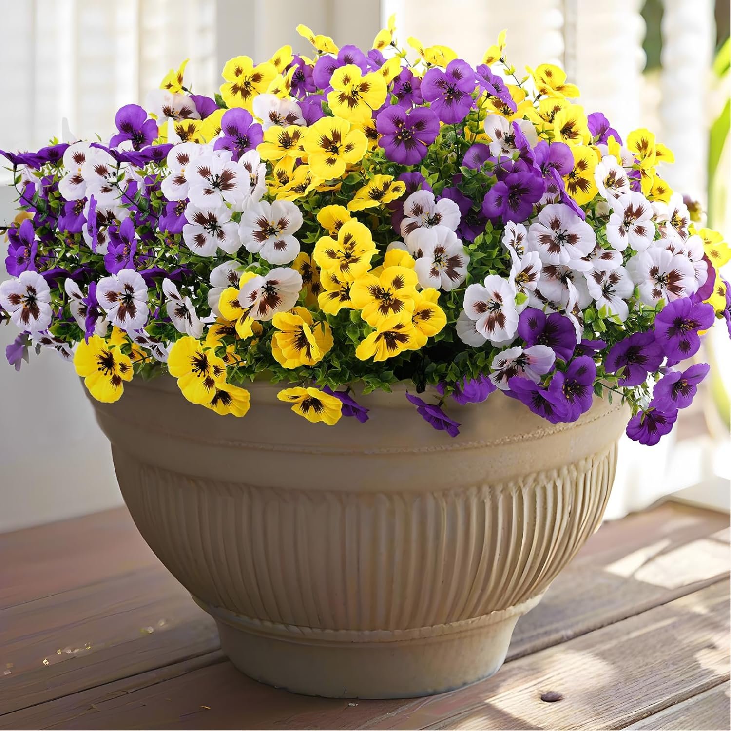 Rowfad 18 Pcs Artificial Fake Pansy Flowers for Outdoor, Faux Silk Pansies Spring Flowers for Outside for Planter Front Door Porch Yard Patio Window Box Home Decor (18, Purple, Yellow, White)