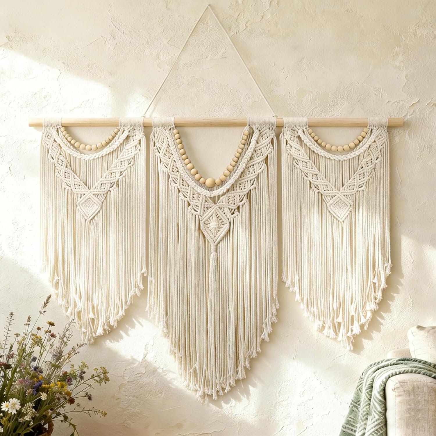 Tempospark Large Macrame Wall Hanging, 43″ Wx32 L Boho Wall Hangings for Living Room Bedroom Nursery, Boho Chic Large Macrame Tapestry for Bedroom Wall Decor (Wood bead)