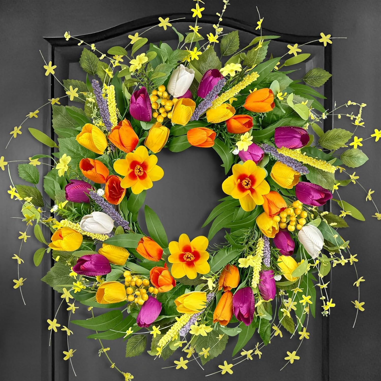 ICX 24″ Spring Summer Wreaths for Front Door, Artificial Floral Wreath with Orchids Tulips Green Foliage for Indoor Outdoor wall Festival Home Farmhouse Wedding Decor