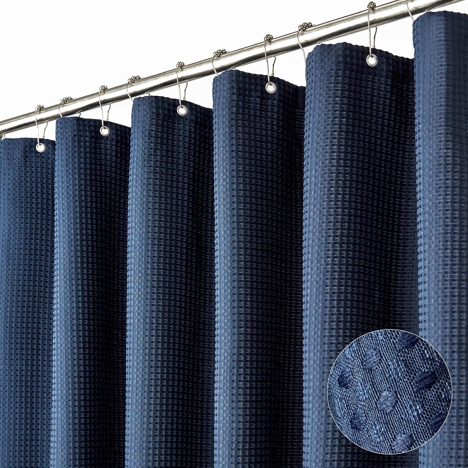 Dynamene Thick Fabric Shower Curtains for Bathroom – Waffle Weave Heavy Duty, 256GSM Hotel Spa Luxury Weighted Polyester Cloth Bath Curtain Set with 12 Plastic Hooks,72×72, Navy Blue