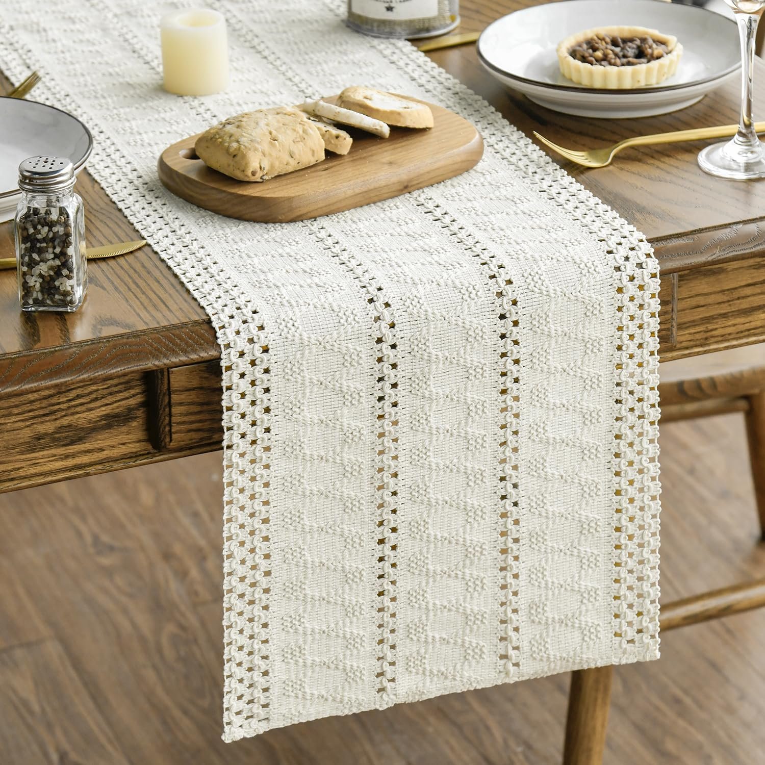 Artoid Mode Beige Farmhouse Woven Rustic Hollow Table Runner, Seasonal Holiday Hollow Kitchen Dining Table Decoration for Home Party Decor 12×72 Inch