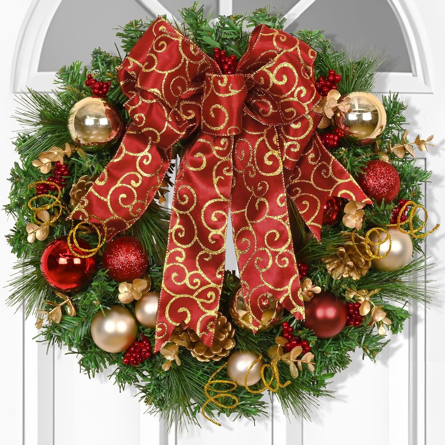 Christmas Wreath Christmas Decorations – 16″ Christmas Wreaths for Front Door, Red Bow Christmas Ball Pine Needles Wreath for Home Wall Windows Outdoor Xmas Decor