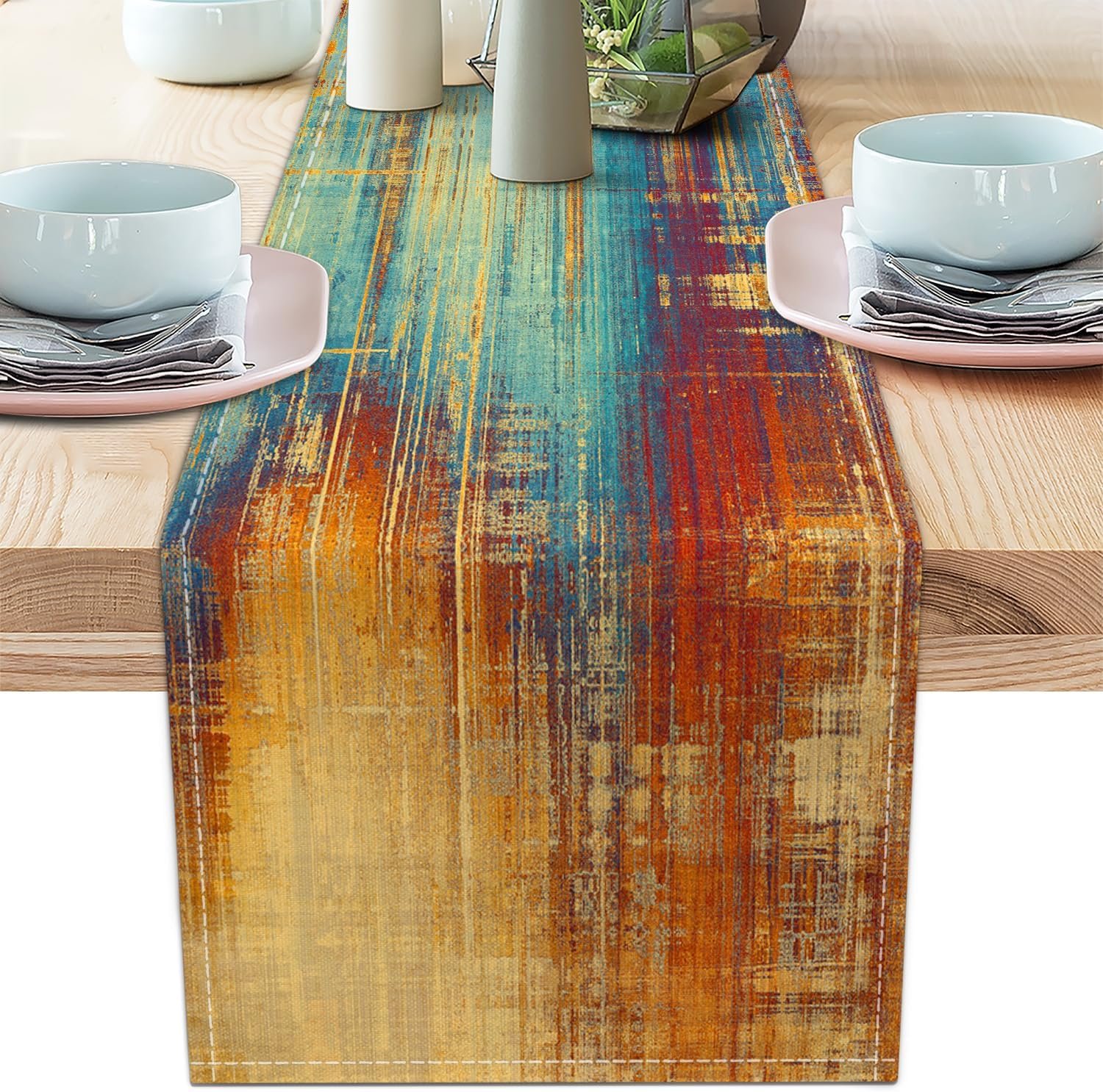 Long Table Runner Vintage Abstract Blue and Orange Table Runner Messy Rust Painting Farmhouse Coffee Table Runners for Kitchen Dining Table Home Decor 90in