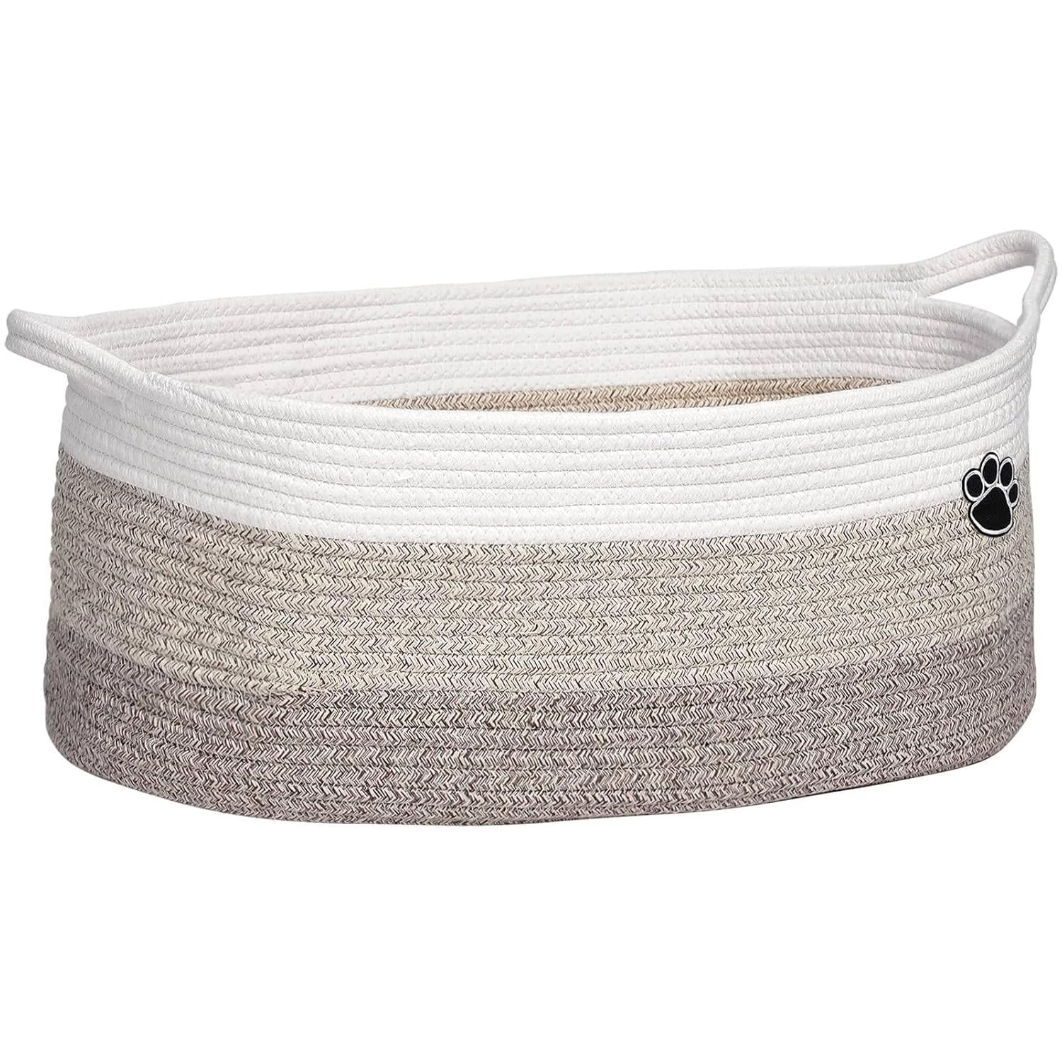 Optish Dog Toy Basket, Toy Box and Bin for Dog Cat Storage, 19.7″ X 11″ X 7.9″ (30L) Large Woven Rope Basket for Blanket Storage, Living Room, Bedroom, White & Brown