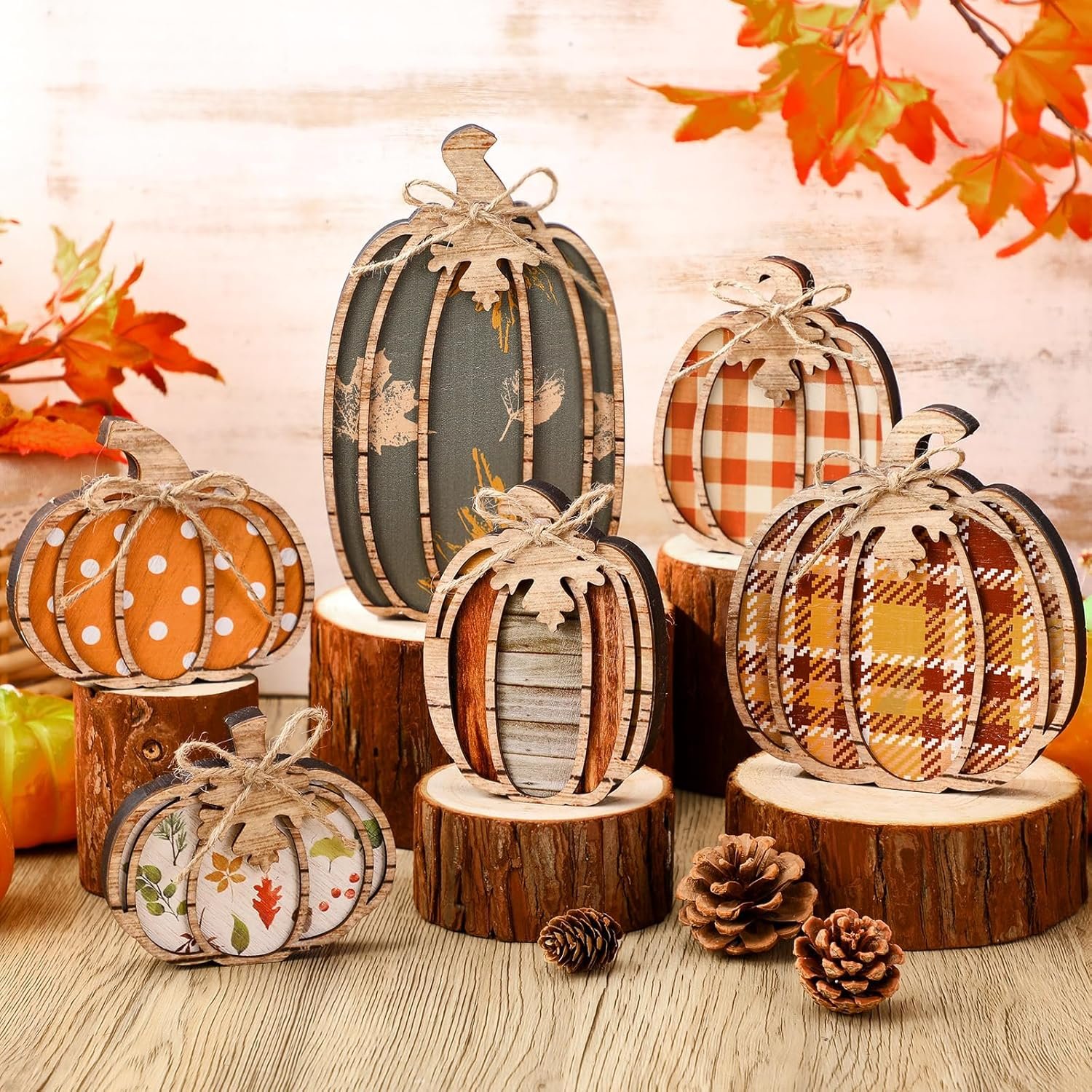 Leinuosen 6 Pcs Thanksgiving Pumpkin Decor Fall Decor for Home Pumpkin Wooden Block Sign Fall Tiered Tray Decorations Thanksgiving Table Centerpieces Decorations for Harvest Party Home Shelf