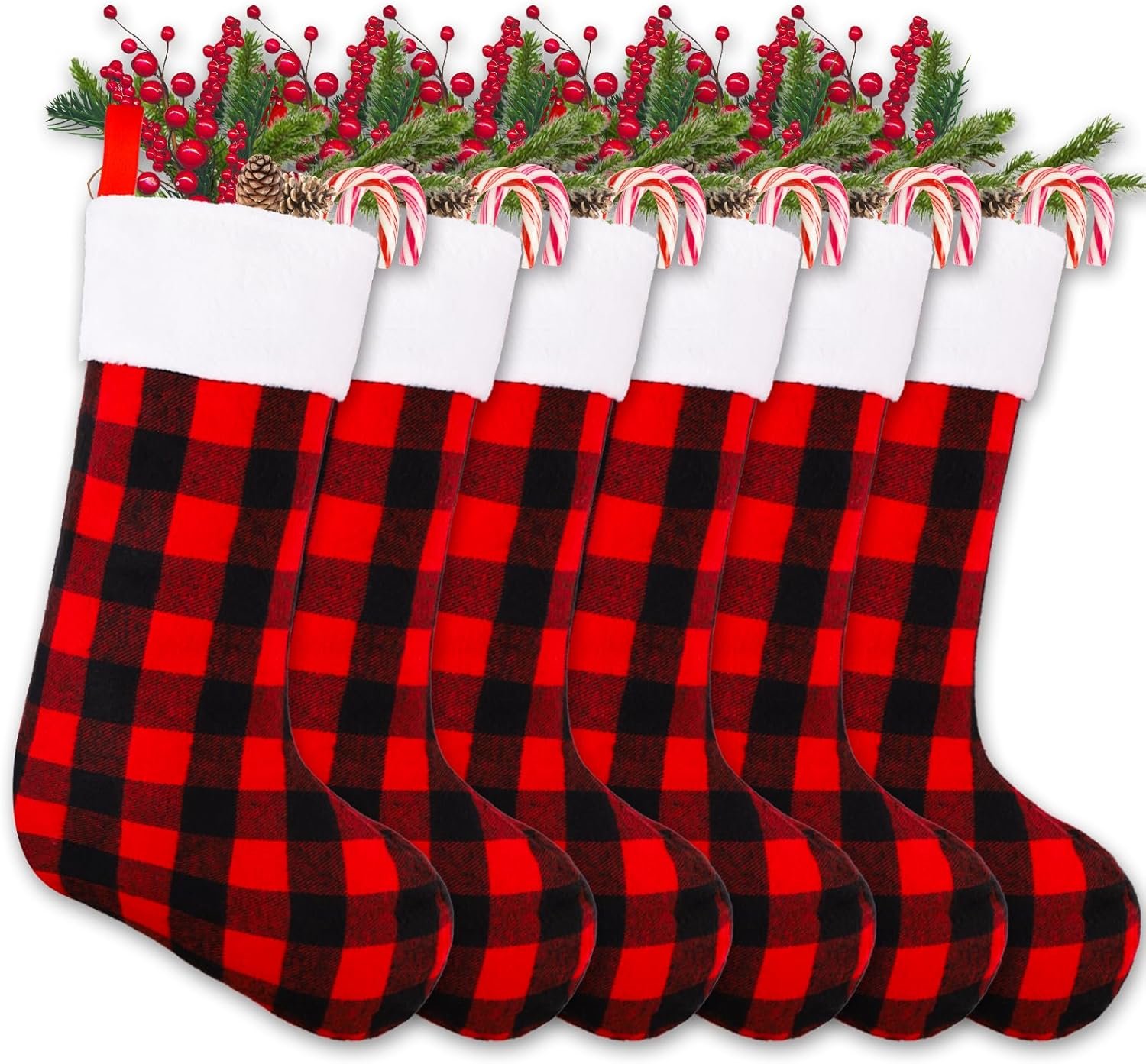 YUJUN 6 Pack 22 Inches Christmas Stockings, Xmas Large Black Red Buffalo Plaid Hanging Stockings Decorations for Christmas Tree Fireplace Family Holiday Party Decor