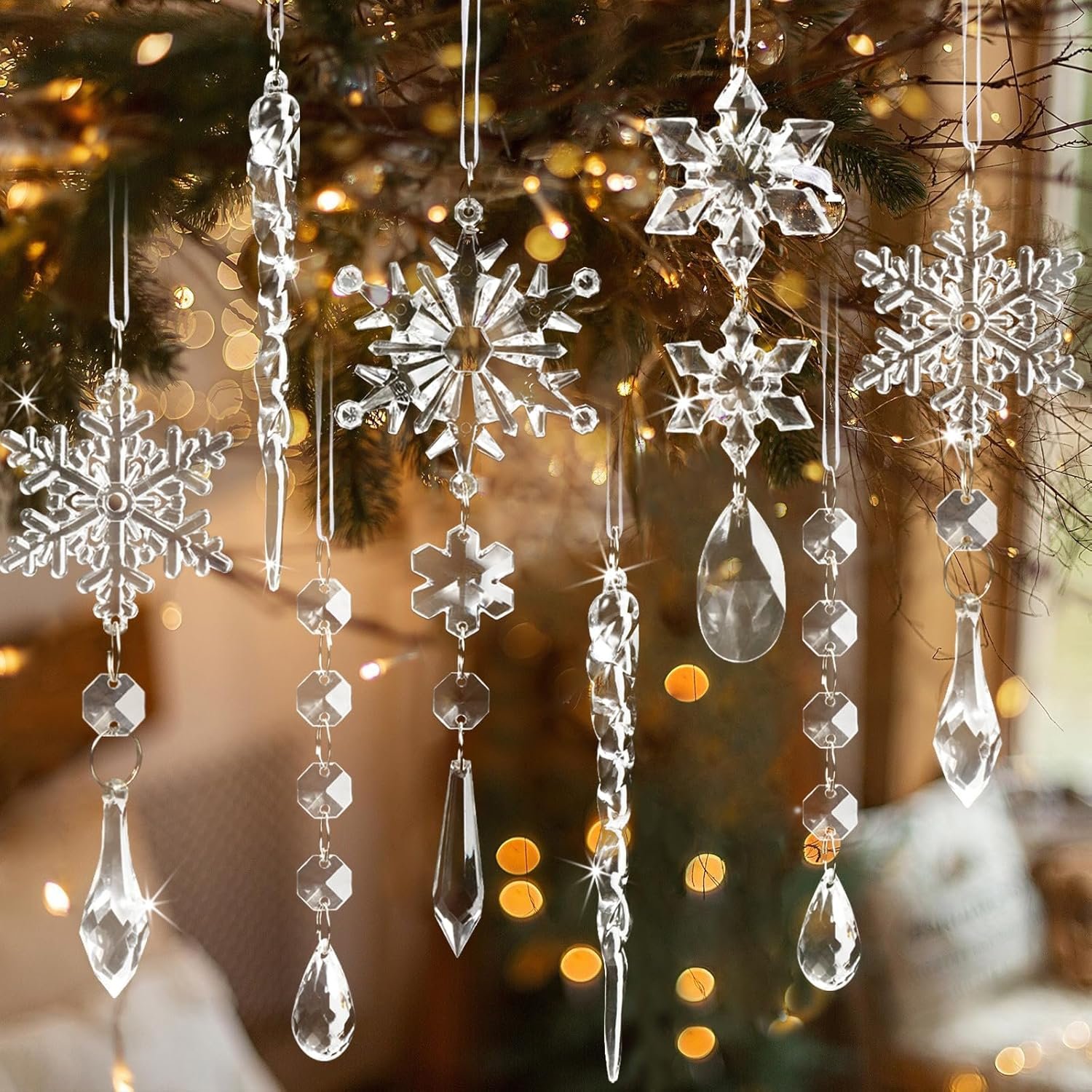 18pcs Crystal Christmas Ornaments for Tree Decorations-Hanging Acrylic Snowflake Icicle Ornaments with Drop Pendants for Winter Wonderland Chandelier Crystals Decorations Supplies