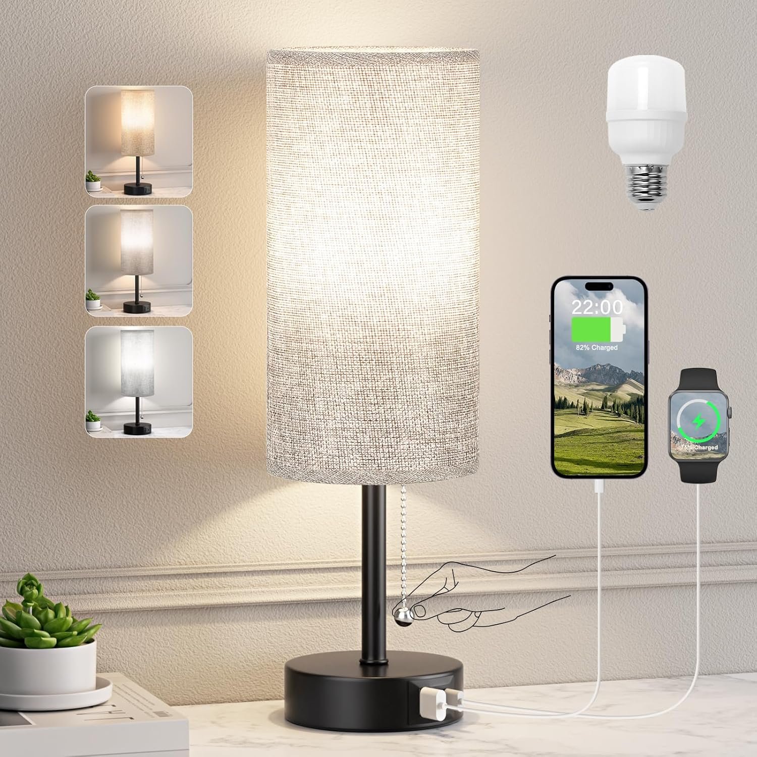 Grey Bedside Lamp for Bedroom Nightstand – Small Table Lamp with USB A + C Charging Port, 3 Color Temperatures Pull Chain Night Stand Light with Bulb, Side Table Desk Reading Lamp for Living Room/Dorm