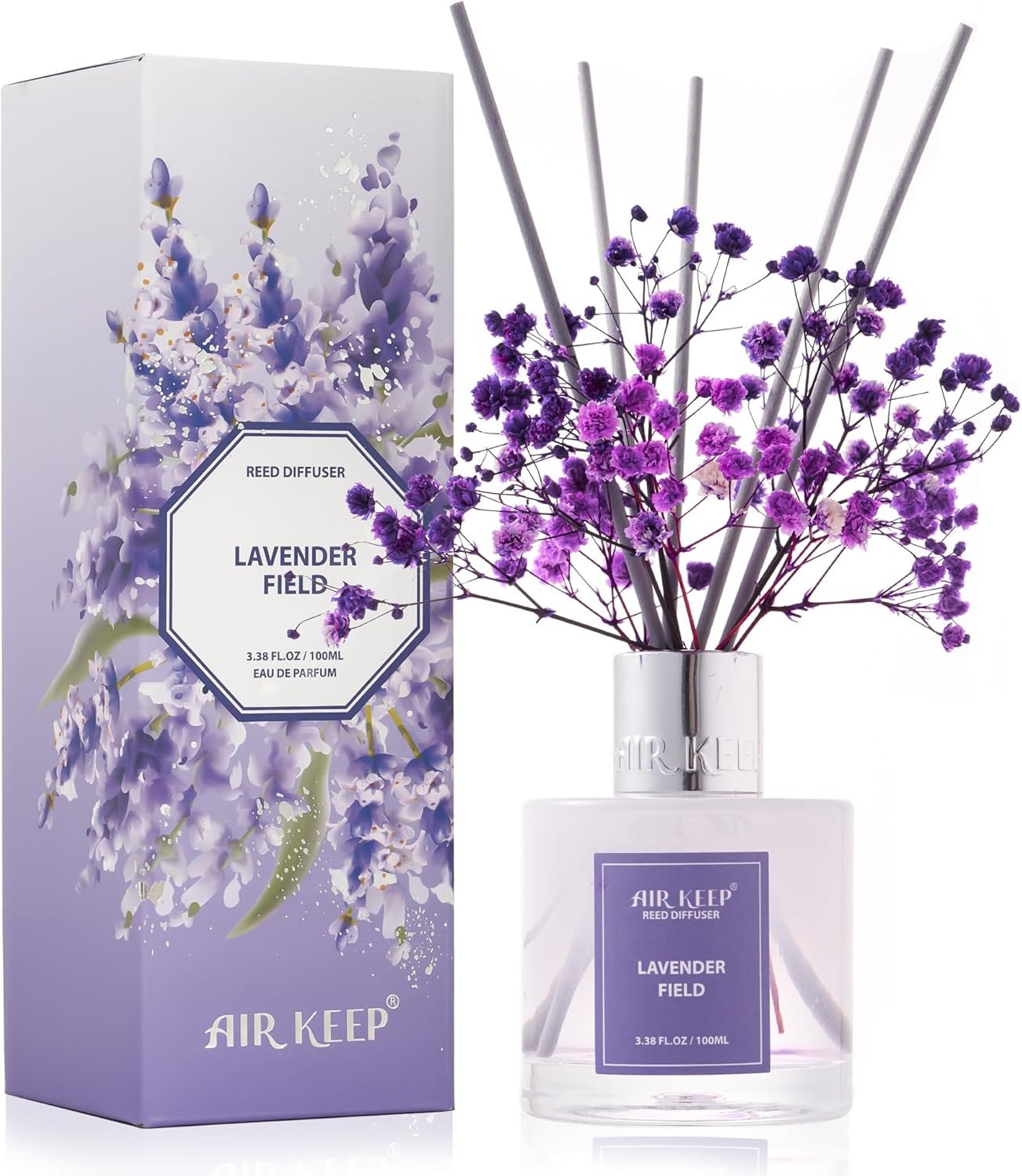 Airkeep Reed Diffuser Set,3.38 fl oz (100 ml) – Lavender Field Oil Diffusers with 8 Reed Sticks, Home Fragrance Reed Diffuser for Bathroom Shelf Decor