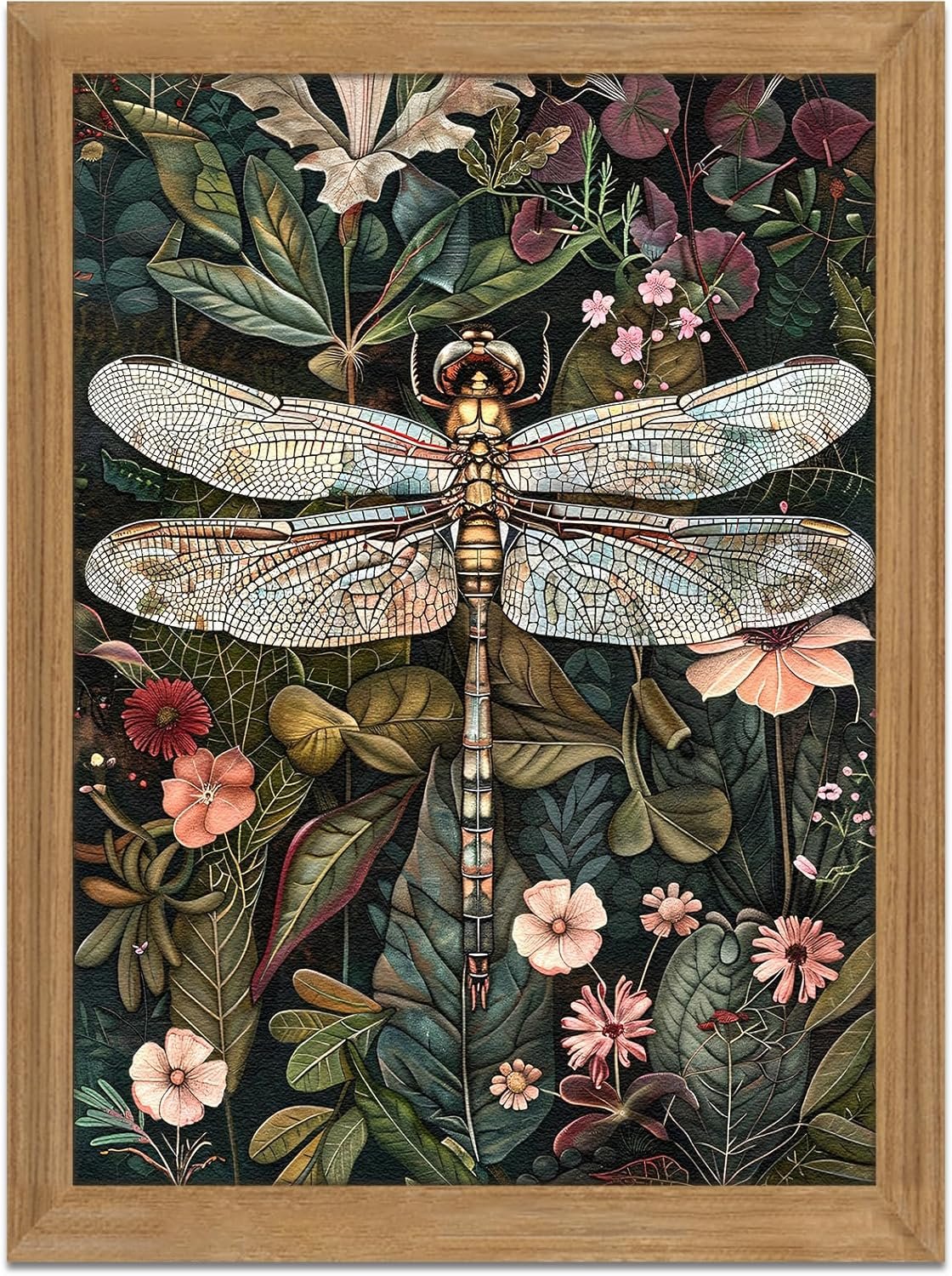 Framed Vintage 3D Textured Wall Art – Dark Green Dragonfly Flowers Wall Decor – Hand Drawn Sandstone Nature Botanical Pictures for Living Room Bedroom Home Decor 12x16in