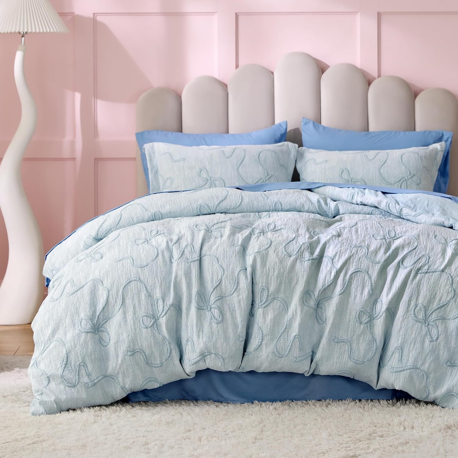 Bedsure Blue Duvet Cover Queen Size with Bowknot Jacquard Design, Soft and Elegant Boho Bedding Set, Luxurious Craftsmanship for a Stylish Bedroom,Includes 1 90″x90″ Duvet Cover & 2 Pillow Shams