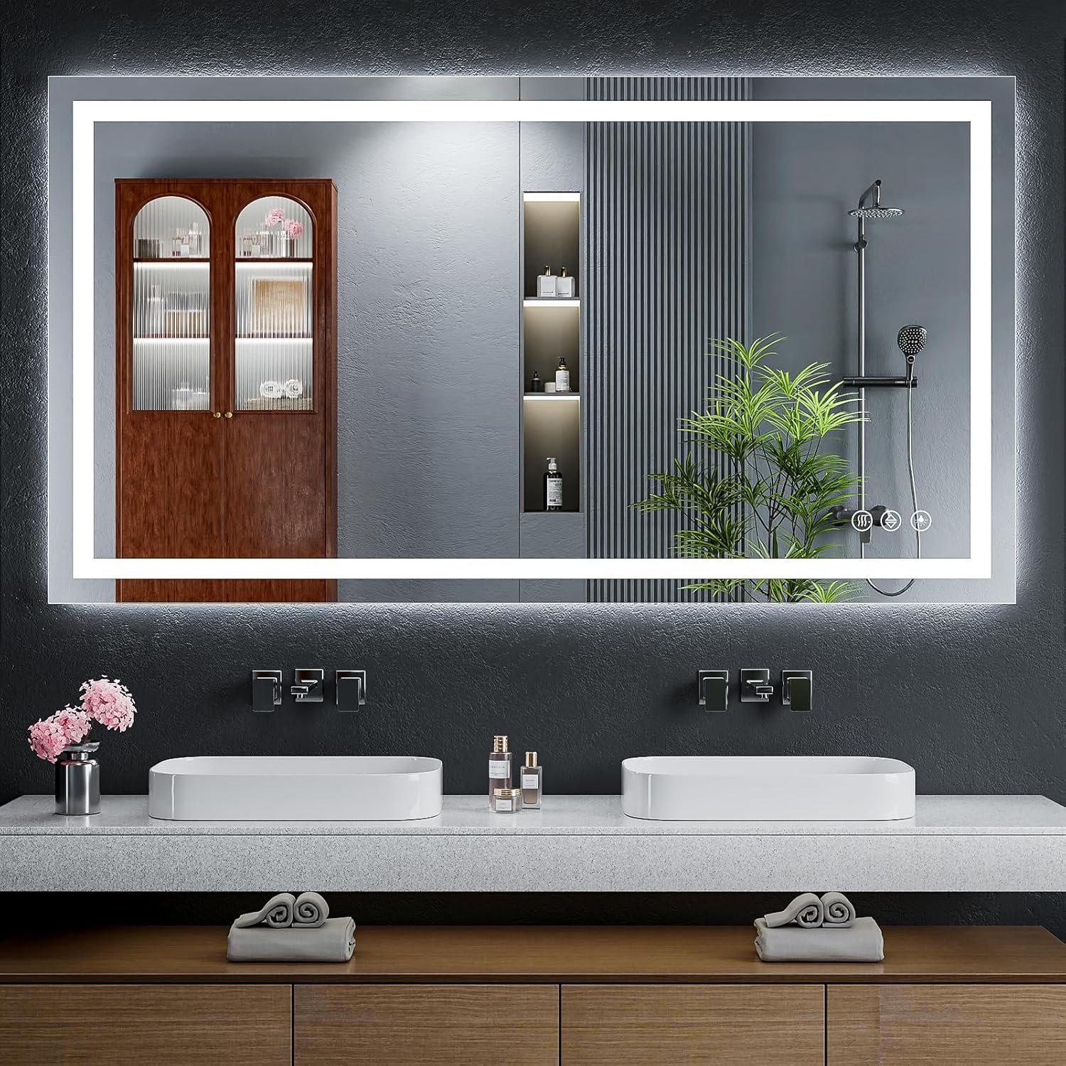 55″x30″ LED Bathroom Mirror with Lights, Backlit + Front Lit with CRI>90, Lighted Mirror for Bathroom, Anti-Fog, Dimmable Brightness, 3 Colors, Memory Function, Shatterproof Tempered Glass