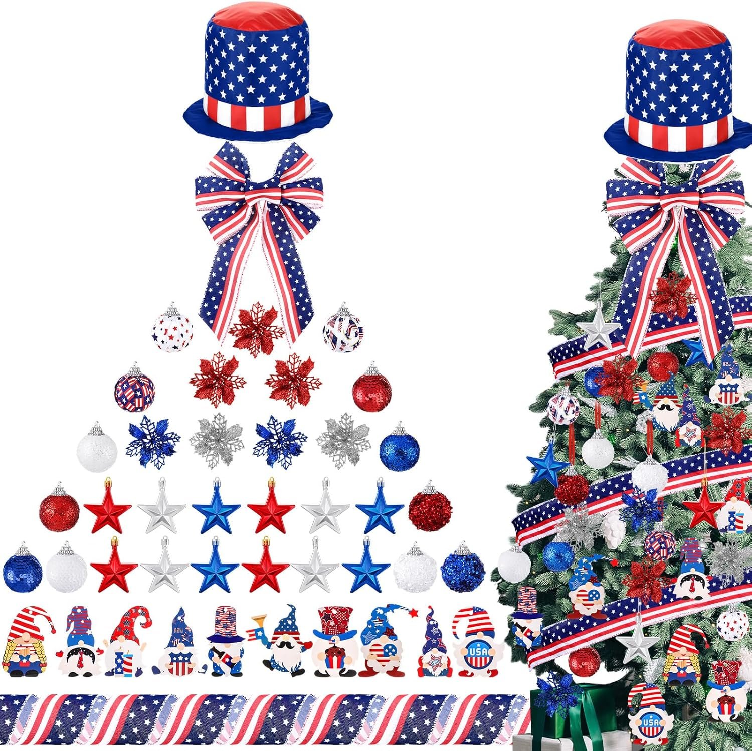 43 Pcs 4th of July Patriotic Tree Decorations Independence Day Christmas Tree Ornaments Ribbon Bow Topper Red White and Blue Hanging Ornaments for National Memorial Day Party