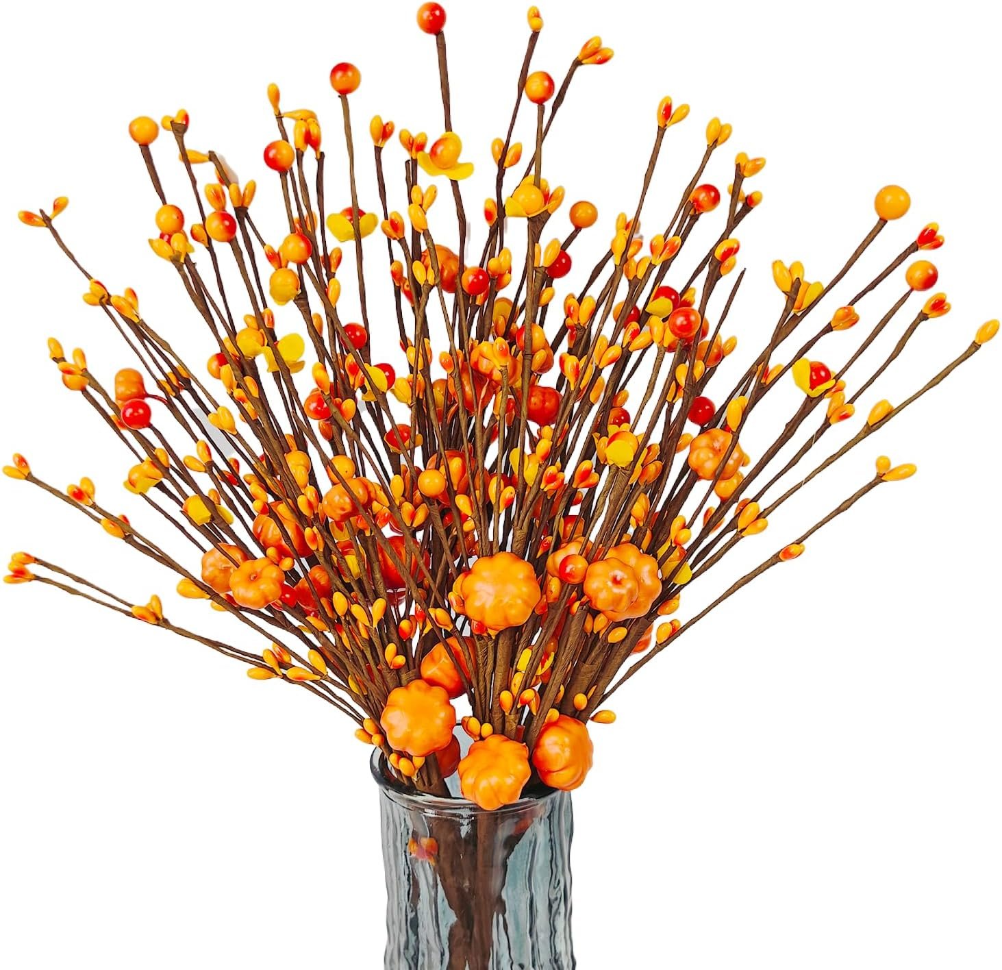 Artificial Fall Floral Stems for Vases,15.75 In Fall Pumpkin Decor Autumn Pumpkin Branches Picks with Berry Stems Decor for Autumn Harvest Thanksgiving Day Home Table Floral Arrangements Vase Filler