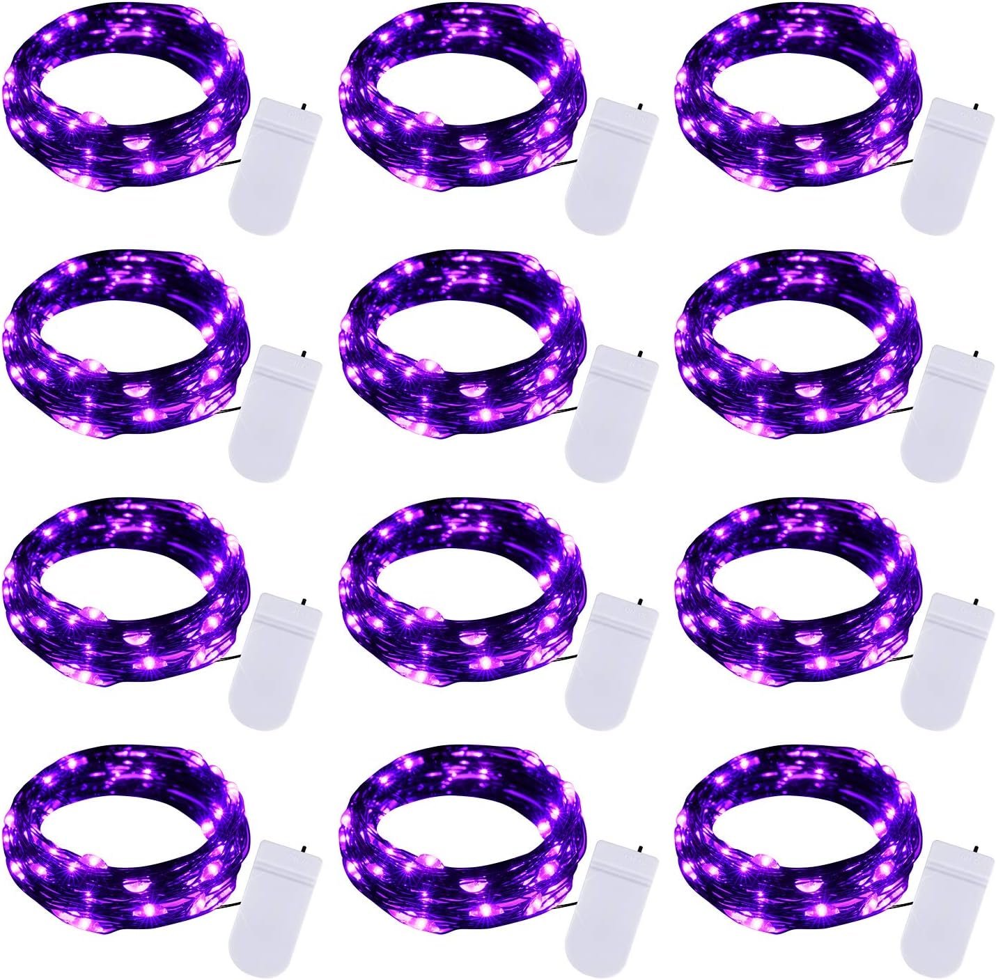 Halloween Purple Fairy String Lights: 12 Pack 7 Ft 20 LED Battery Operated Firefly Lights on Black Wire Starry Moon Lights for DIY Party Bedroom Patio