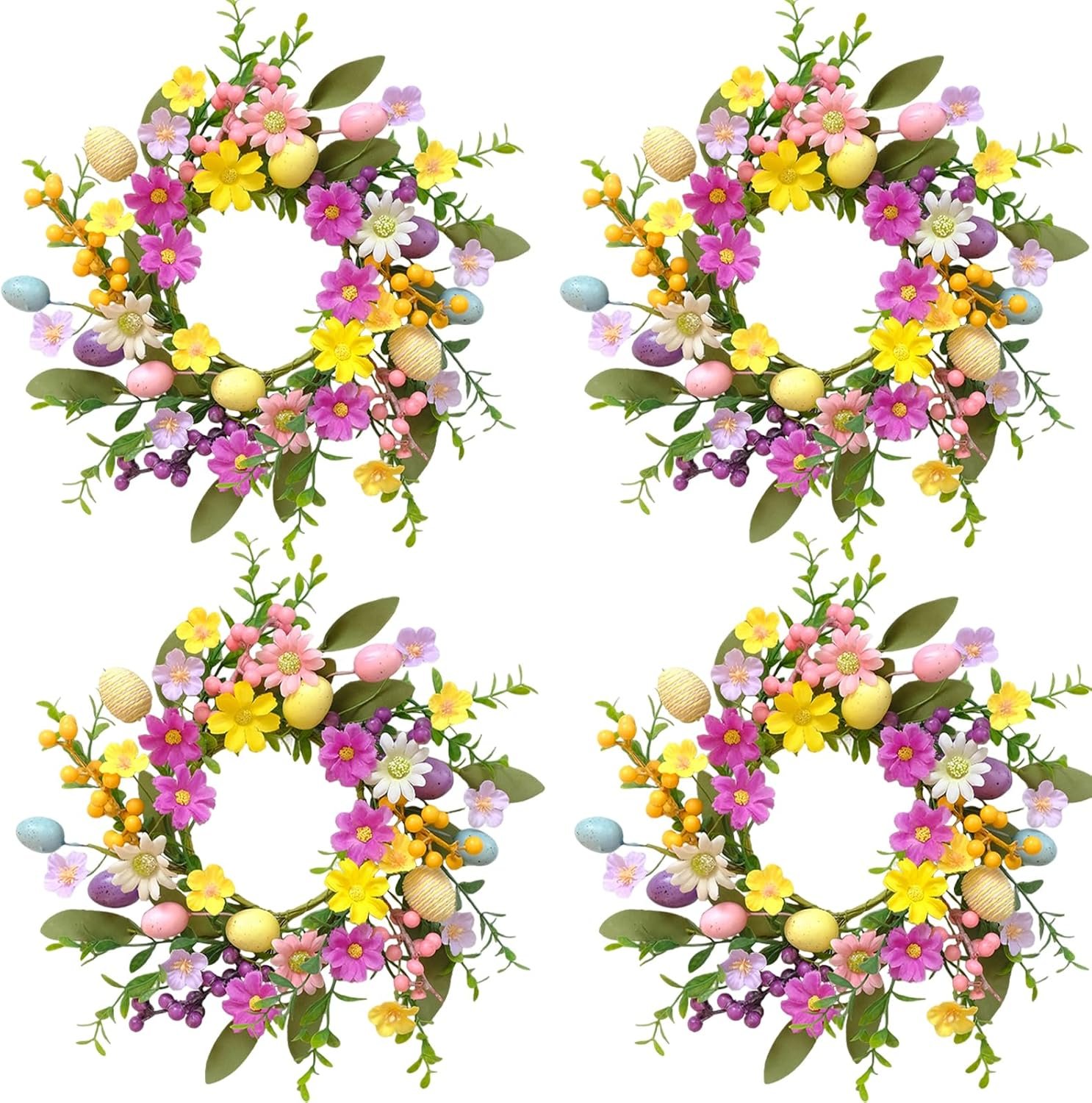 4 pcs Spring Wreaths, 10 Inch Colorful Spring Floral Wreaths with Eggs for Front Door, Easter Decorations for Home, Party, Wall, Window Decor