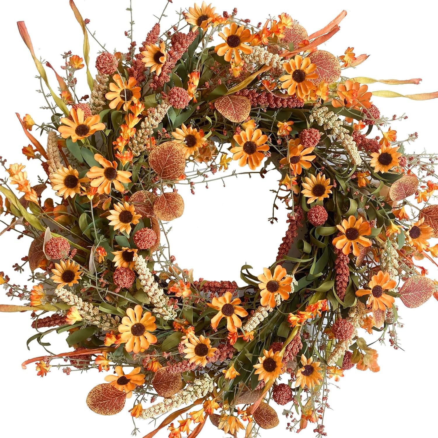 Fall Front Door Wreath, 22″ Artificial Floral with Colorful Daisies and Autumn Foliage – Orange for Wall, Window and Thanksgiving Decor