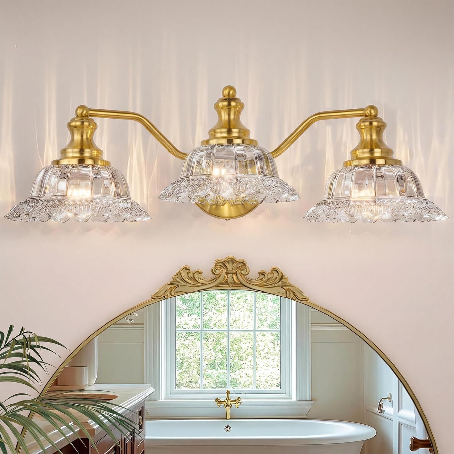 Brass Bathroom Light Fixtures Over Mirror, 3 Light Vintage Bathroom Vanity Light Fixture with Clear Flower Glass Shades, Retro Gold Wall Sconce E26 Vanity Lights for Bathroom Living Room
