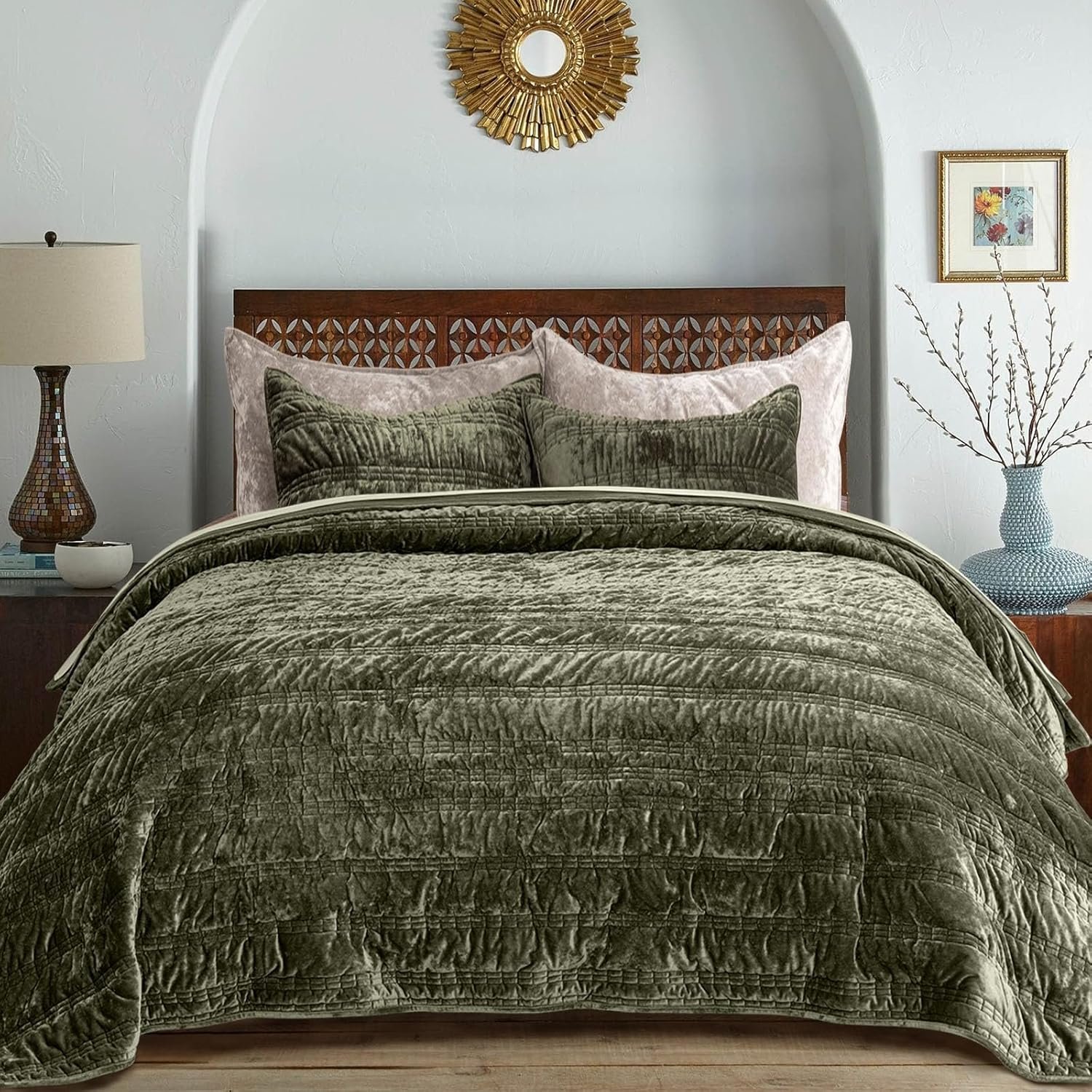 EVERGRACE Luxury Ruched Velvet Quilt King Size, Ultra Soft Bedspread Coverlet Set, Lightweight Velvet Comforter, Quilted Bedding Cover with 2 Matching Shams for All Season, Olive Green | Luxe Velvet, Soft, Opulent Sheen, Beautiful Colors, Oversized, Oeko-Tex Certified
