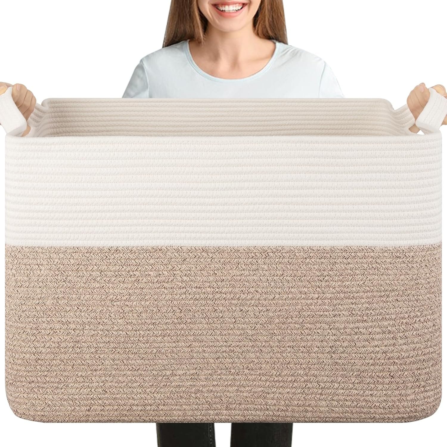 OIASKET 108L Cotton Rope Storage Basket for Living Room and Bedroom 25″x16″x16″ Woven Laundry Basket, Heavy Duty Bin for Blankets, Pillows & Toys, Pet-Safe & Scratch-Free, Brown and White