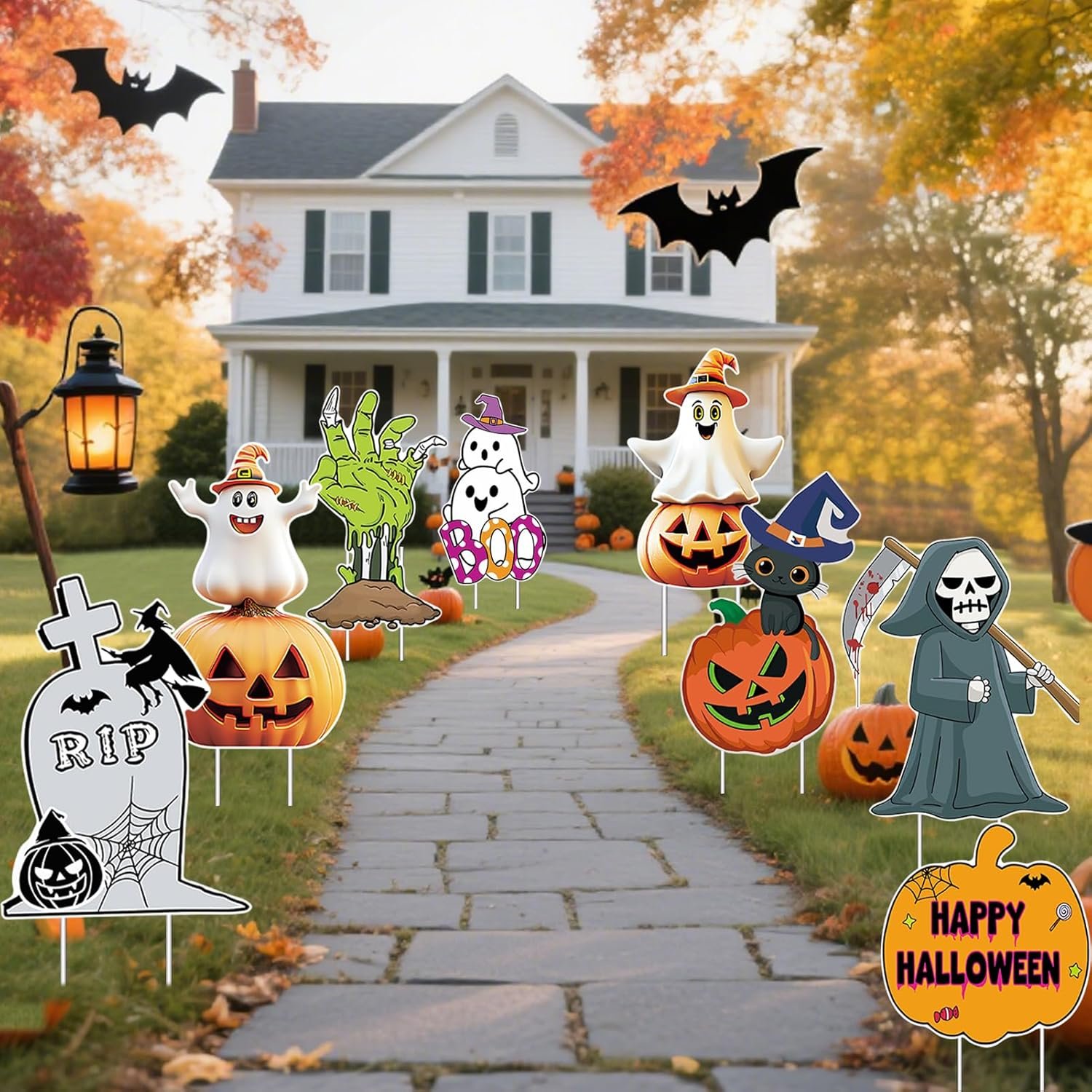 8 PCS Cute Halloween Decorations Outdoor Yard Signs,Large Yard Stakes Signs Pumpkin Ghost,Tombstone, Skeleton, Hand, Halloween Lawn Decoration for Family Friendly Kids Home Party