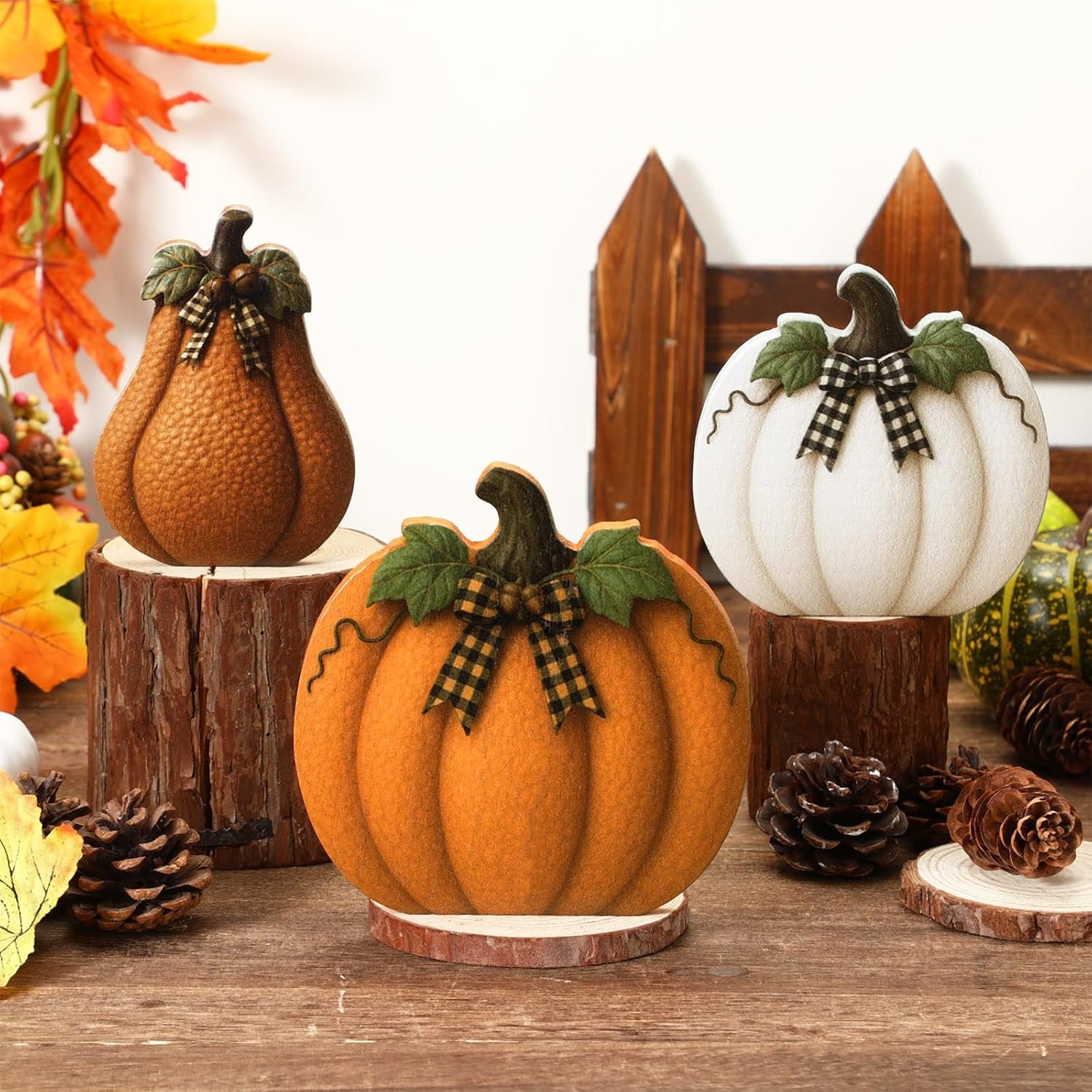 Amyhill 3 Pcs Thanksgiving Pumpkin Wodden Table Sign Wood Block Fall Pumpkin Decor Autumn Farmhouse Rustic Tiered Tray Decorations Table Centerpieces for Home Kitchen(Orange)