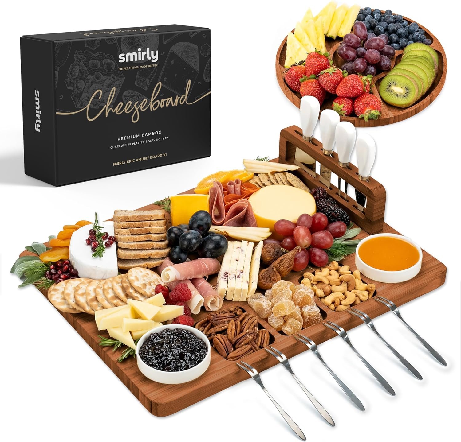 SMIRLY Charcuterie Boards Set – Large Bamboo Cheese Board Set – House Warming Gifts New Home, Wedding Gift for Couple, Bridal Shower Gift, Birthday Gifts for Women