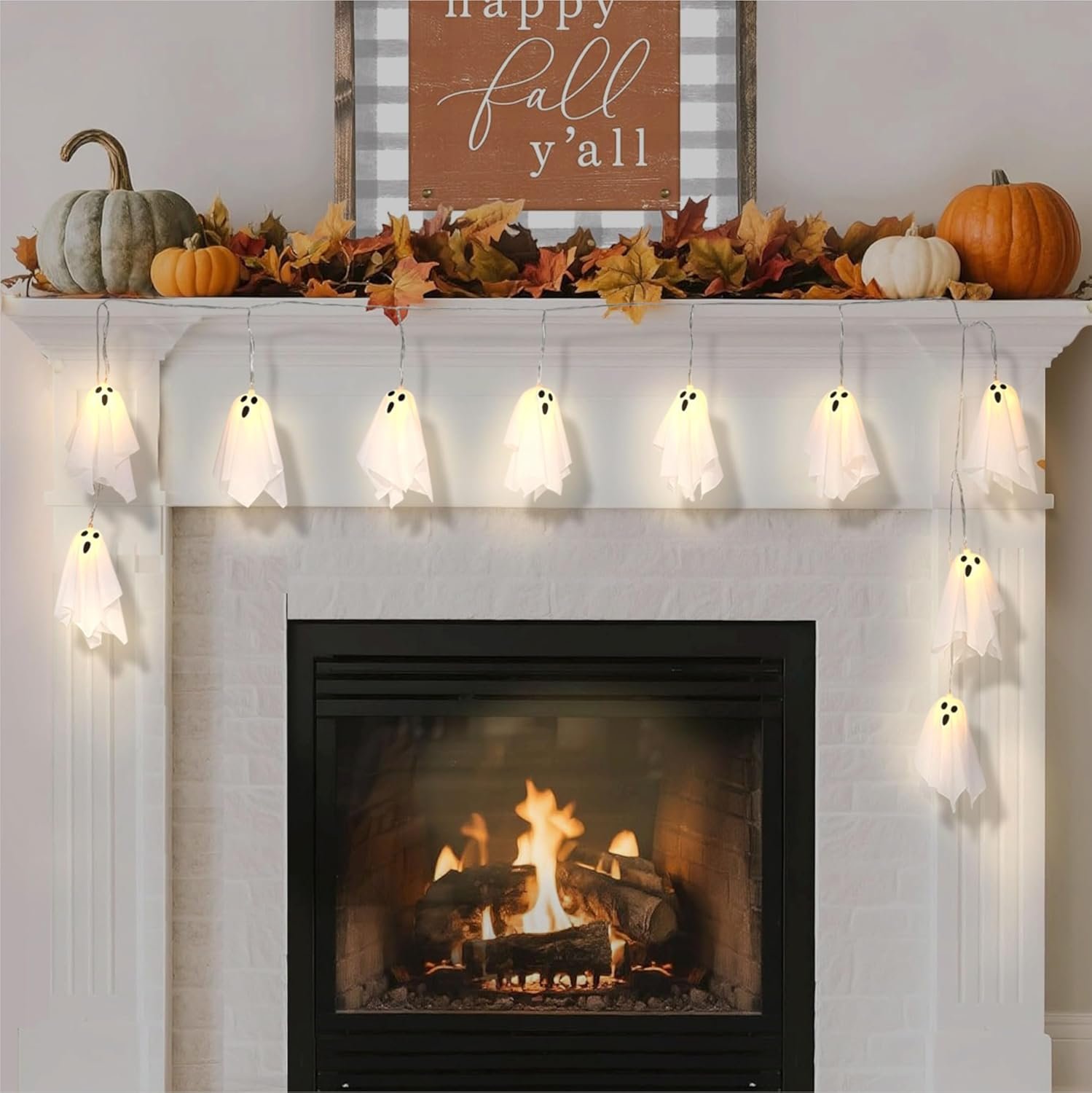Halloween Decoration String Lights, Light up Ghost Garland, 7.5ft Battery Operated Ghost Lights with 10 LED for Mantle, Fireplace, Window, Porch, Party Indoor Outdoor Decor