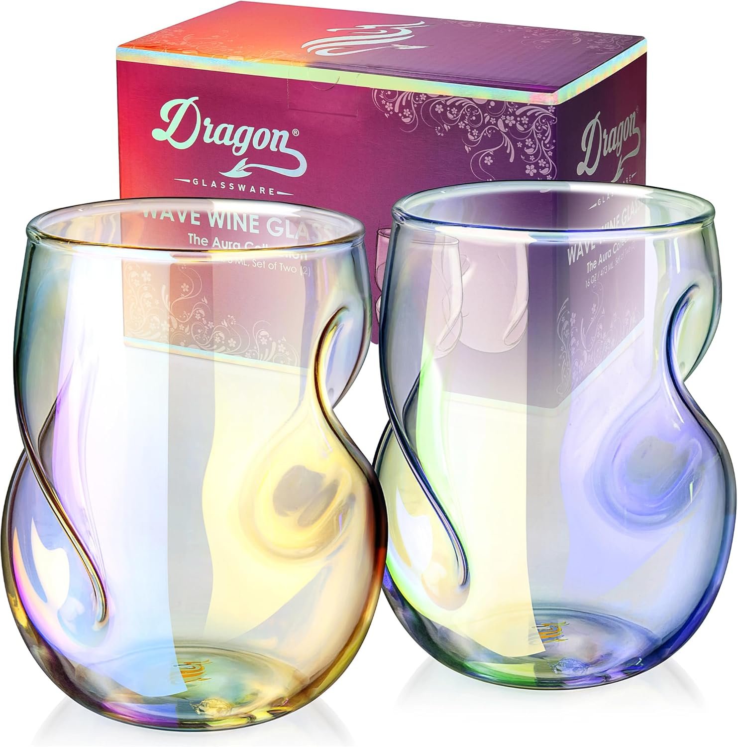 Dragon Glassware Stemless Wine Glasses – 16 oz Stemless Wine Glass Set with Finger Indentations – Set of 2 Iridescent Glassware – Aerates Naturally