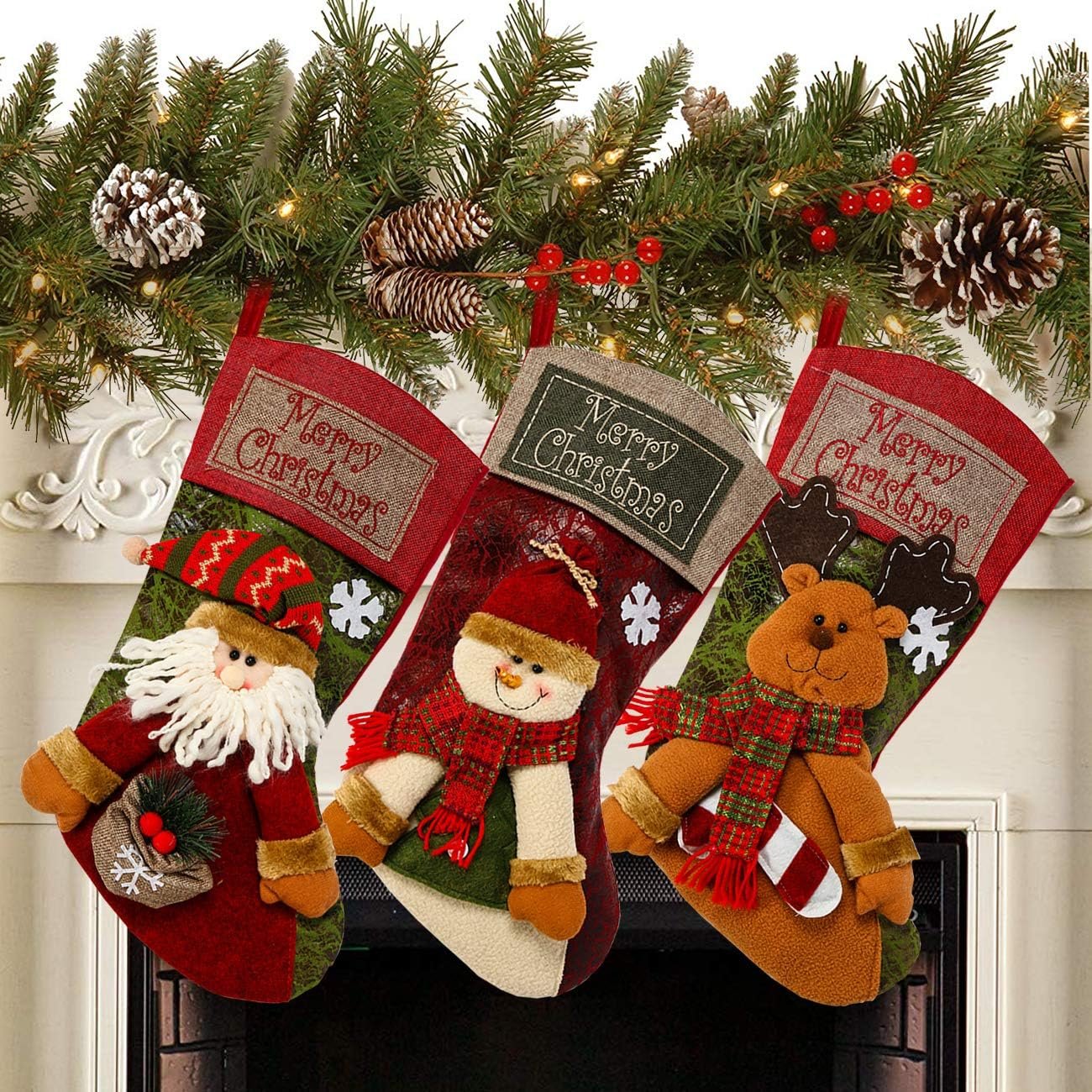 Sunnyglade 3PCS 18″ Christmas Stocking Classic Large Stockings Santa, Snowman, Reindeer Xmas Character for Family Holiday Christmas Party Decorations