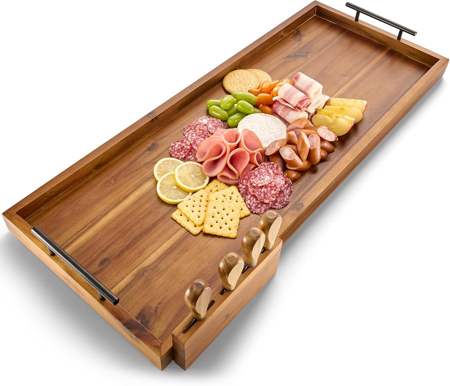 TIDITA Acacia 30 Inch Large Charcuterie Boards for Party with Cheese Knife Set of 4 – Acacia Wood Serving Tray with Handles, Long Charcuterie Board, Wooden Cheese Board