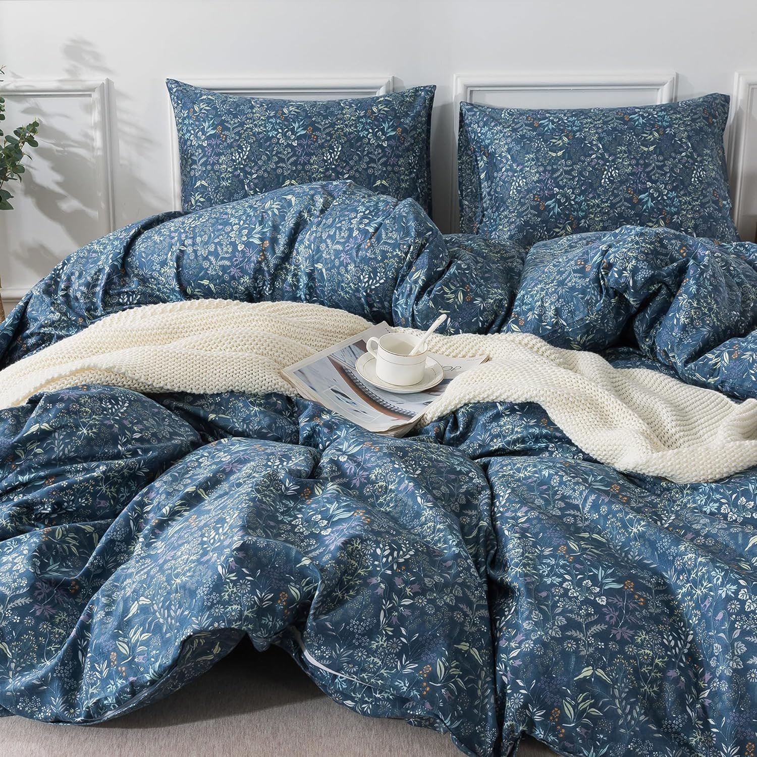 HoneiLife Duvet Cover Queen Size – 100% Cotton Comforter Cover Floral Duvet Cover Sets, Breathable Bedlinen Set with Zipper Closure & Corner Ties,3-pcs Wildflower Comforter Cover Sets