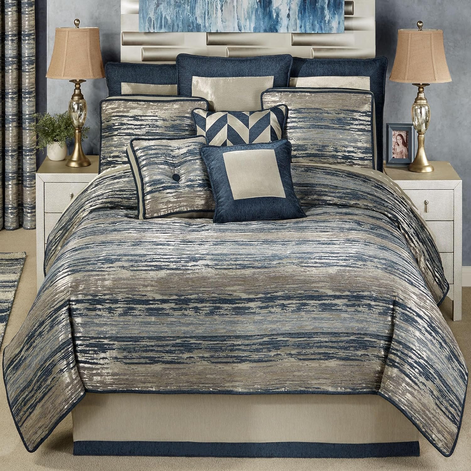 Spellbound Luxury Bedding | Metallic & Chenille Abstract Design | 11 Piece Bed Set: Oversized Queen Comforter, Bedskirt, 2 Standard Shams, 2 Euro Shams, 2 Euro Pillow Inserts, and 3 Decorative Pillows
