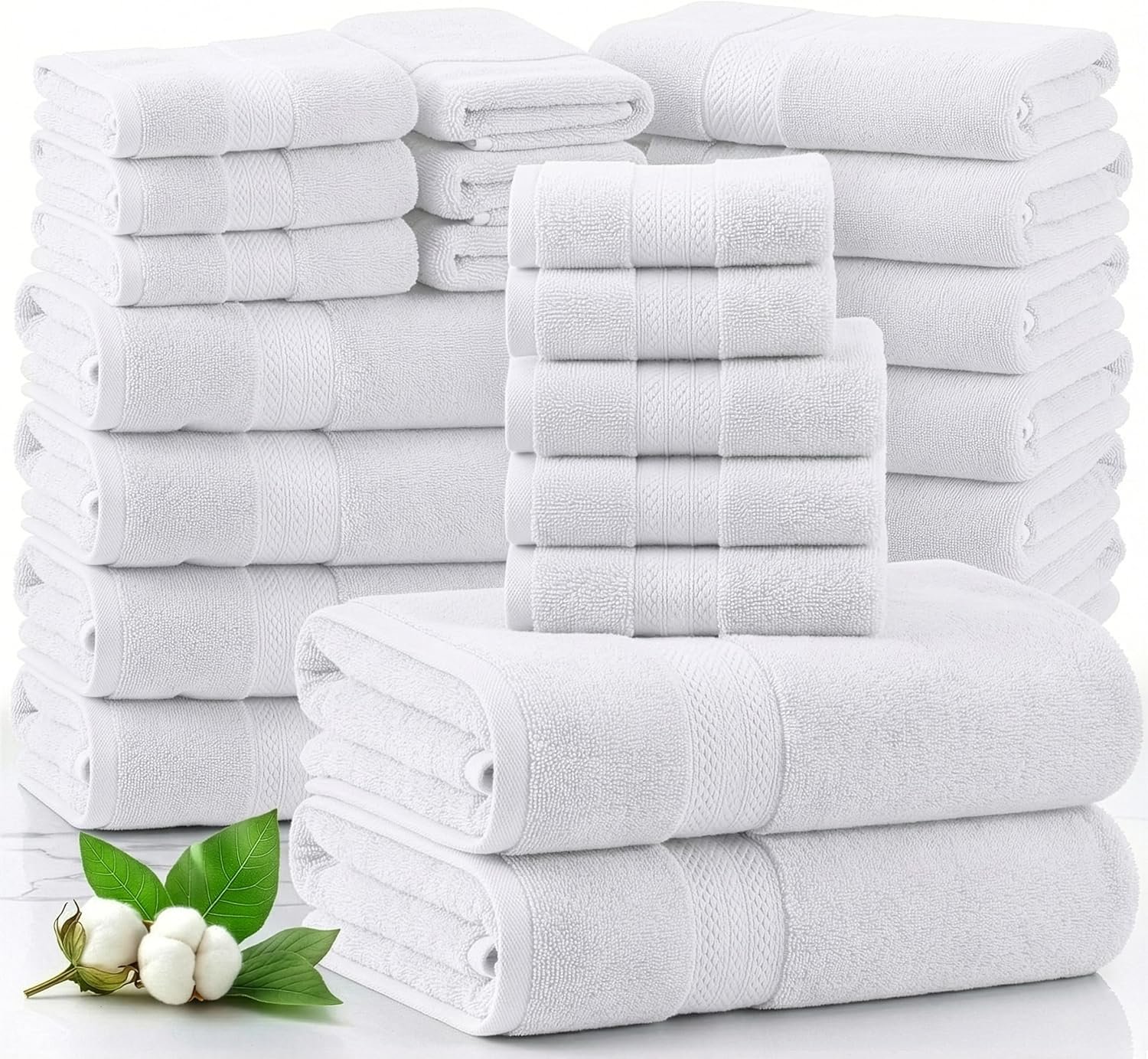 LANE LINEN 100% Cotton Bathroom Towel Set of 24 piece – 4 Bath, 4 Fingertip, 6 Hand, 8 Washcloths, 2 Bath Sheets – Soft, Durable & Absorbent – Hotel & Spa-Quality Design – White Towels