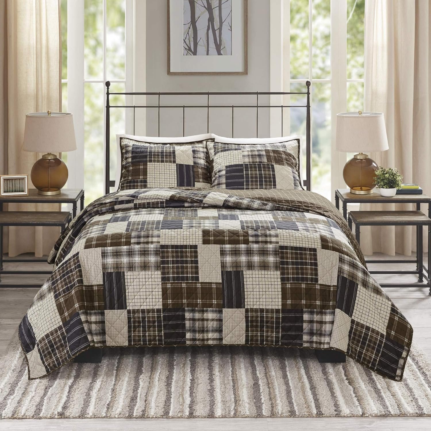 Madison Park Reversible Quilt Cabin Lifestyle Plaid Design – All Season, Breathable Coverlet Bedspread Bedding Set, Matching Shams, Timber Black/Brown Full/Queen(90″x90″) 3 Piece