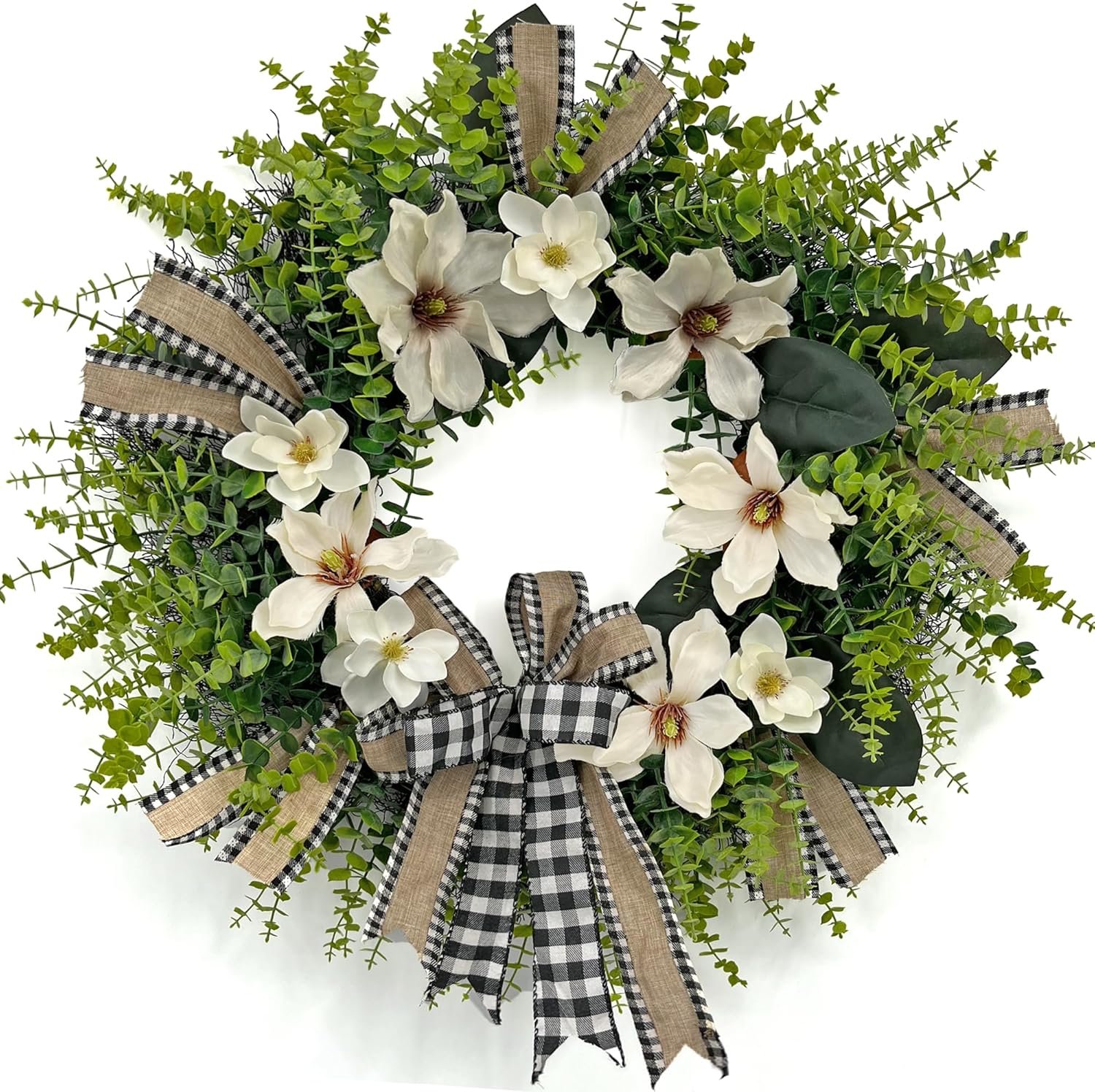 24 Inch Artificial Magnolia Wreath for Front Door – Farmhouse Boxwood Greenery Wreath with Buffalo Plaid Bow, Year-Round Rustic Home Wall Decor for Porch, Entryway, Living Room