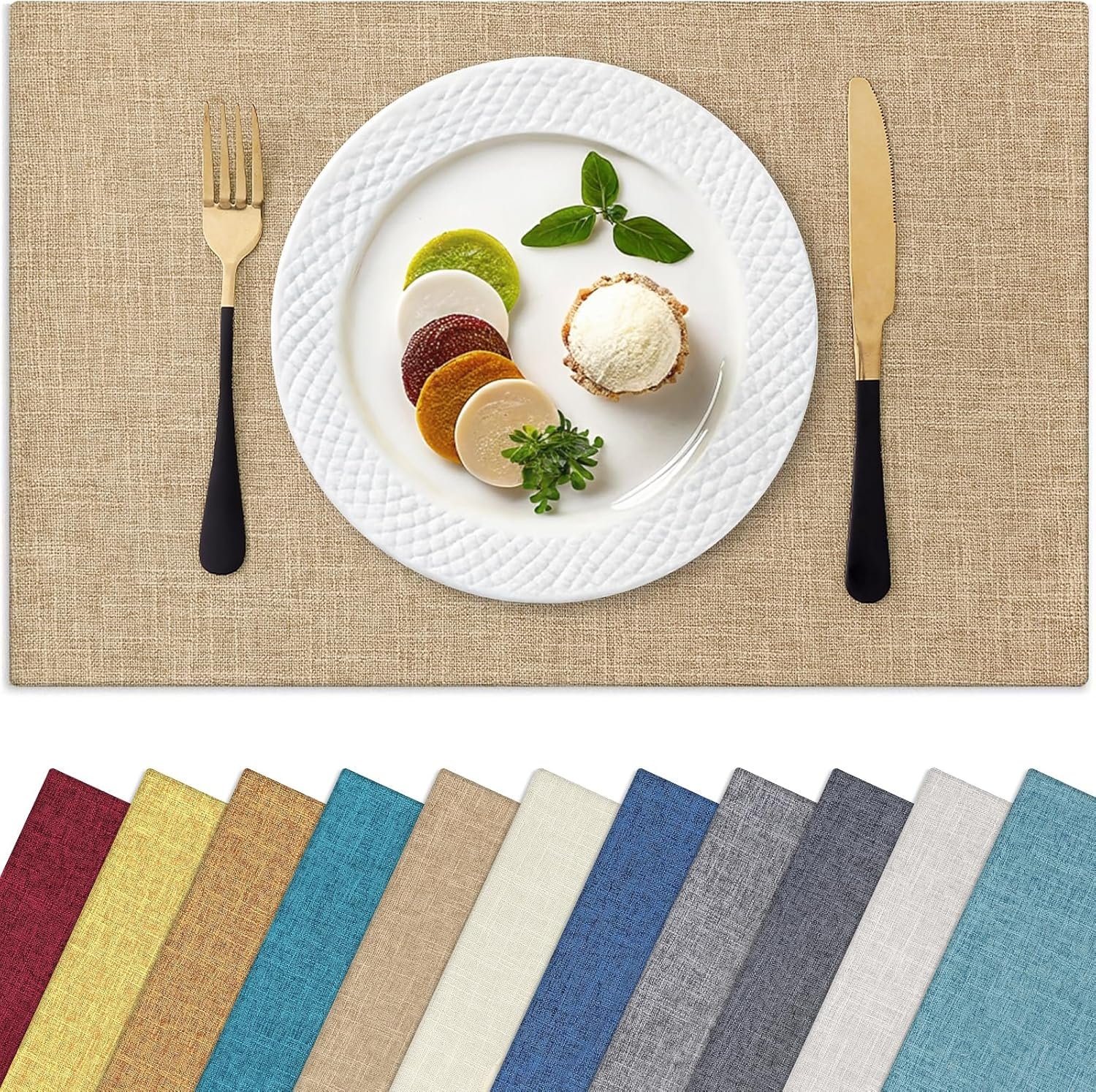 Homaxy Cloths Placemats for Dining Table Set of 6, Heat Resistant Washable Cotton Linen Blend Table Mats, Easy to Clean Place Mats for Indoor Outdoor Party Kitchen Decoration, 13″ x 19″, Flaxen