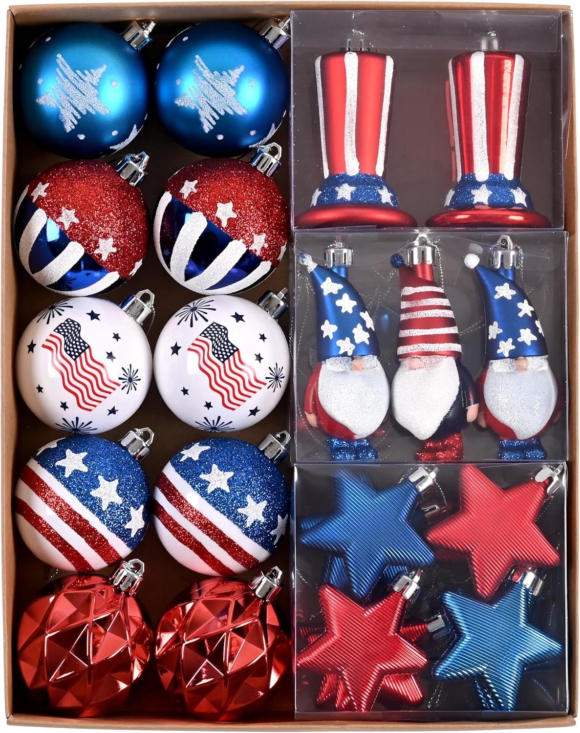 DecorbyHannah 4th of July Ornaments Tree Decorations,40ct Memorial Day Ornaments for Patriotic Red White Blue Decorations Shatterproof Hanging Ornaments for Independence Day,Flag Day,USA 250th Holiday