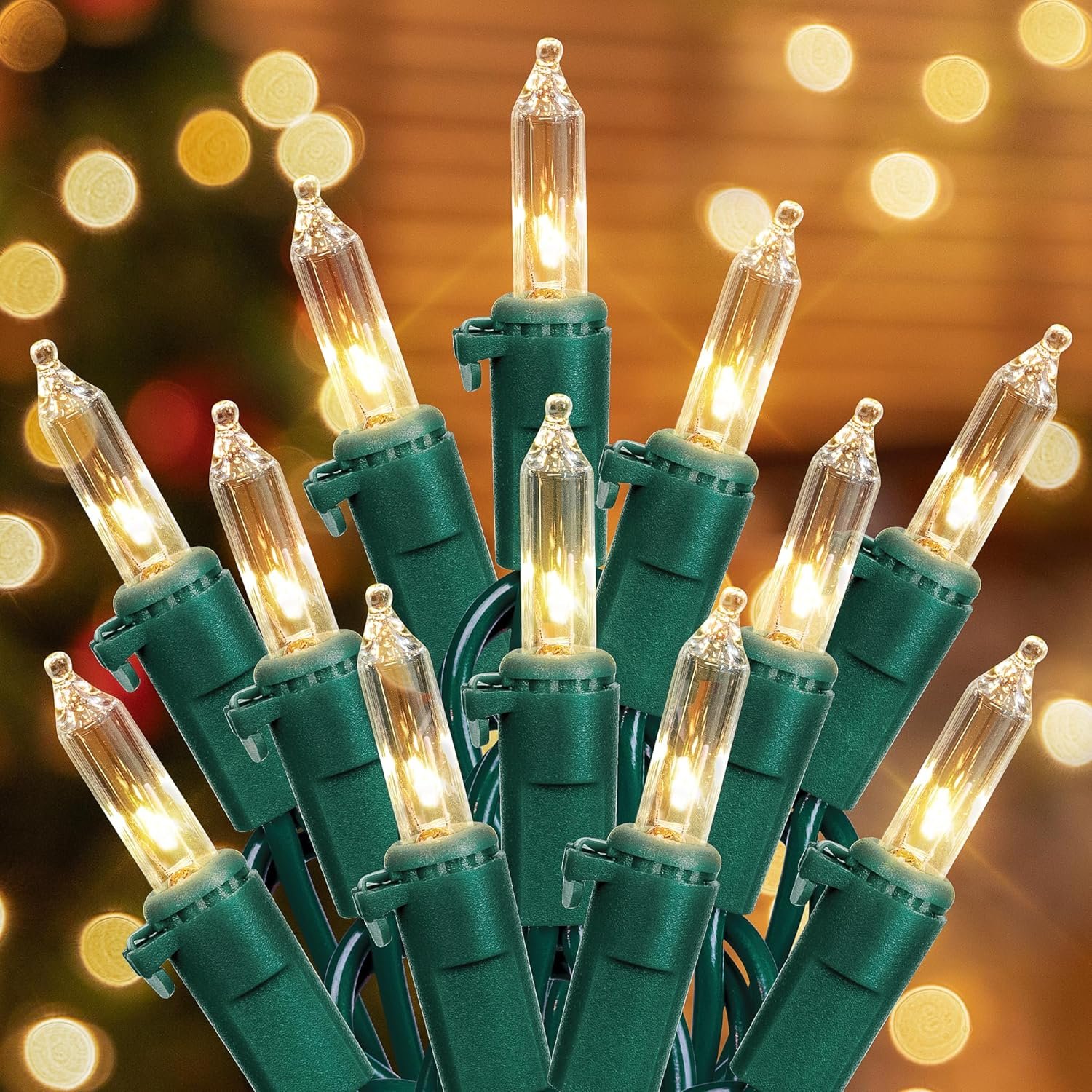 Hopolon 2 Pack 13ft 50-Count Clear Green Wire Christmas Light Set,Incandescent Mini Christmas Lights, Connectable 120V Clear Tree Lights for Wedding, Bedroom, Classroom, Porch Decor(2pcs Warm White)