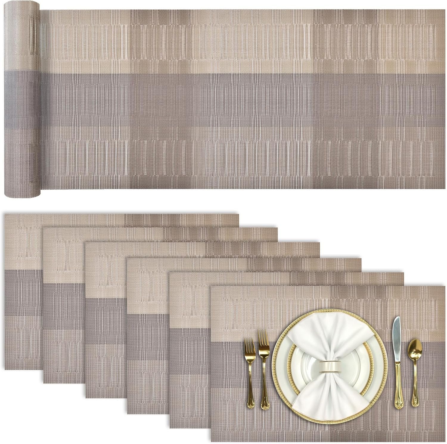 Aofmee Table Runner and Placemats Set of 6 Washable, Heat Resistant Place Mats with Table Runner, Woven Vinyl Table Placemats, Stain Resistant Kitchen Table Mats Sets, Easy to Clean, Gold, Set of 7