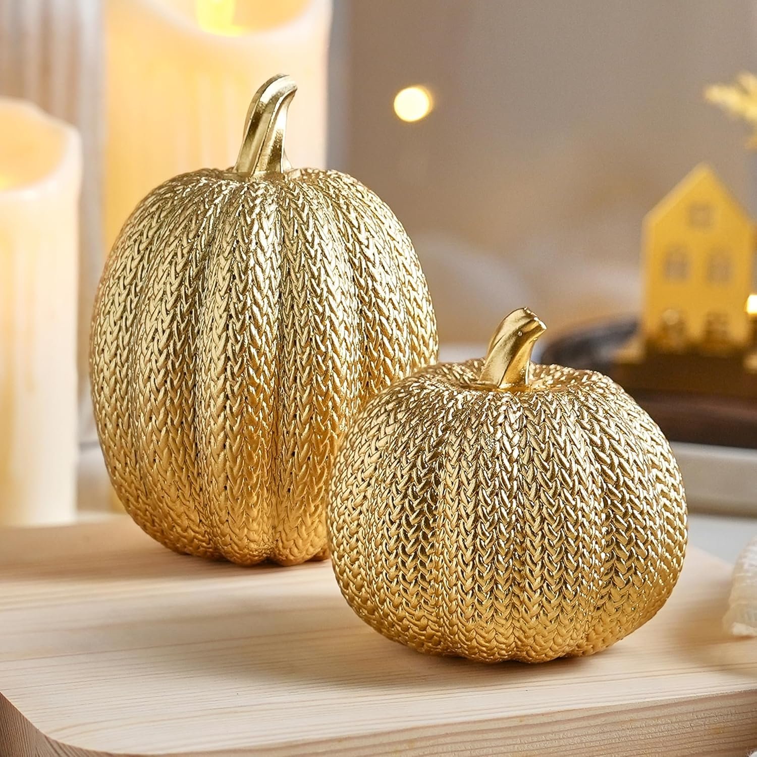 FESTGLOX Pumpkin Fall Decor Indoor – Gold Pumpkin for Decorating, 2Pcs Resin Pumpkins Decor with Woven Effect, Thanksgiving Table Centerpiece, Fireplace, Autumn Harvest Party Decorations
