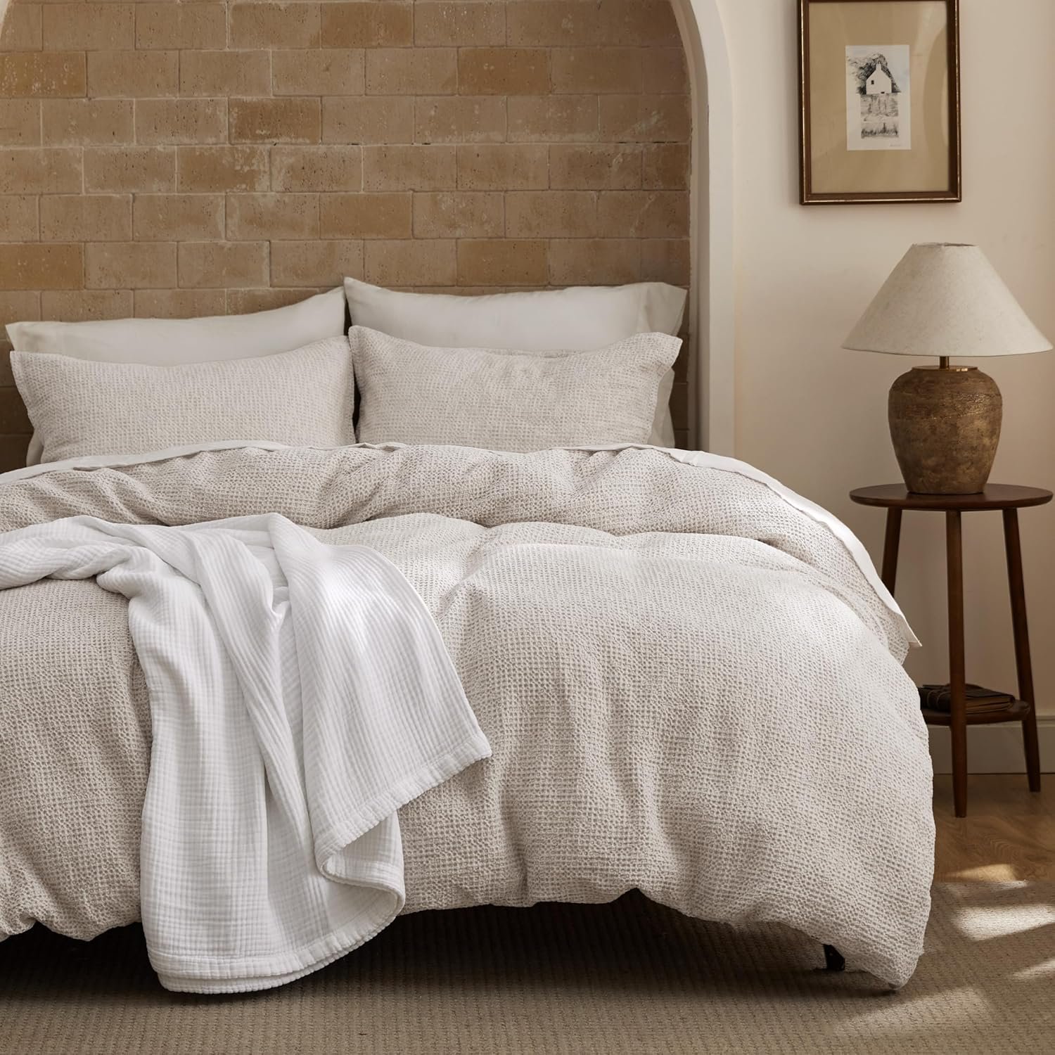 Bedsure Waffle Duvet Cover King – 100% Cotton Duvet Cover Linen Color, Space-Dyed for Enhanced Bedroom Aesthetics, PureWoven and Stylish All-Season, 3-Piece Bedding Set with Button Closure, 104″x90″