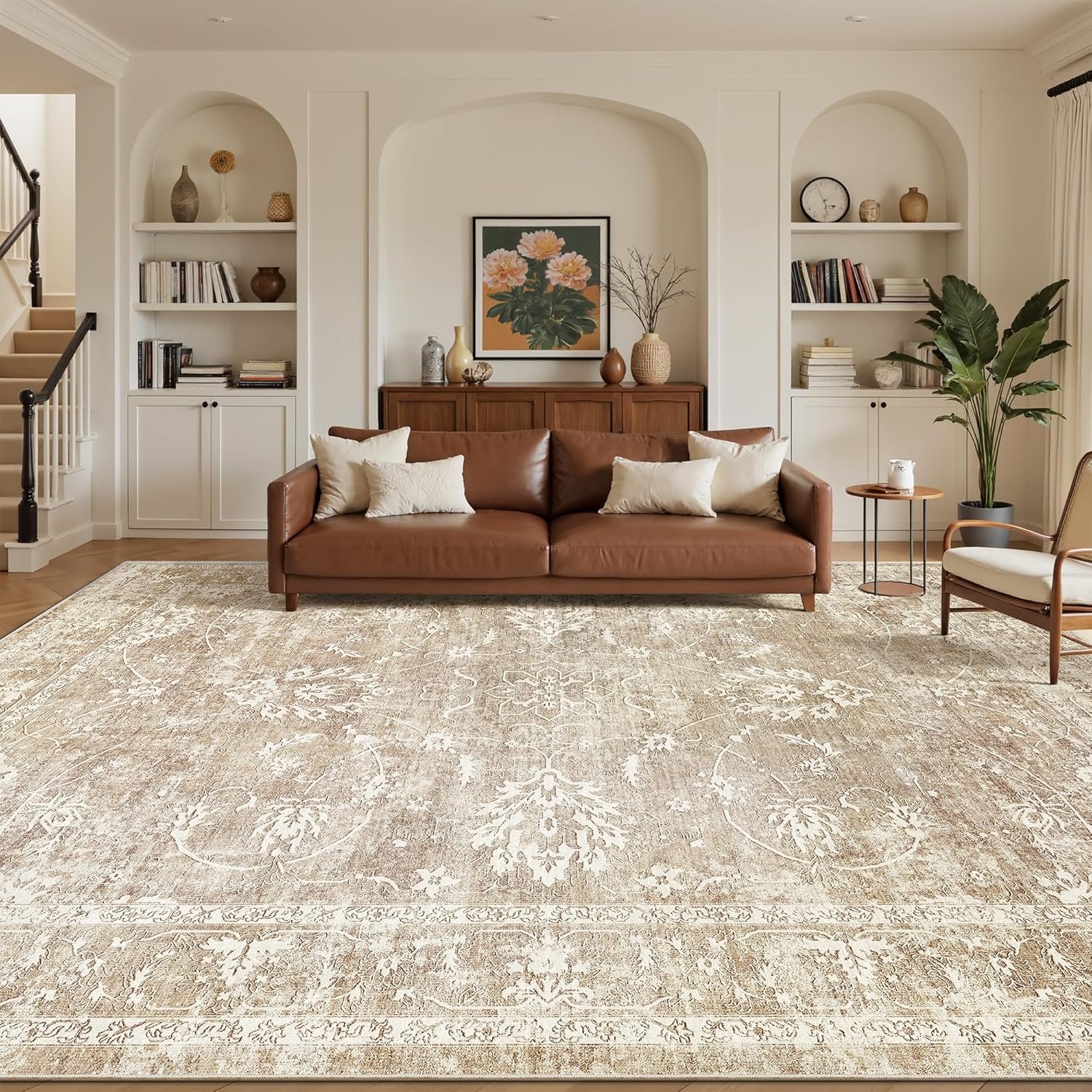 Madane 9×12 Area Rugs for Living Room, Machine Washable Rug with Non-Slip Backing, Soft Vintage Large Throw Rug, Floral Print Floor Neutral Carpet for Bedroom Dining Room (9 x 12, Beige/Brown)