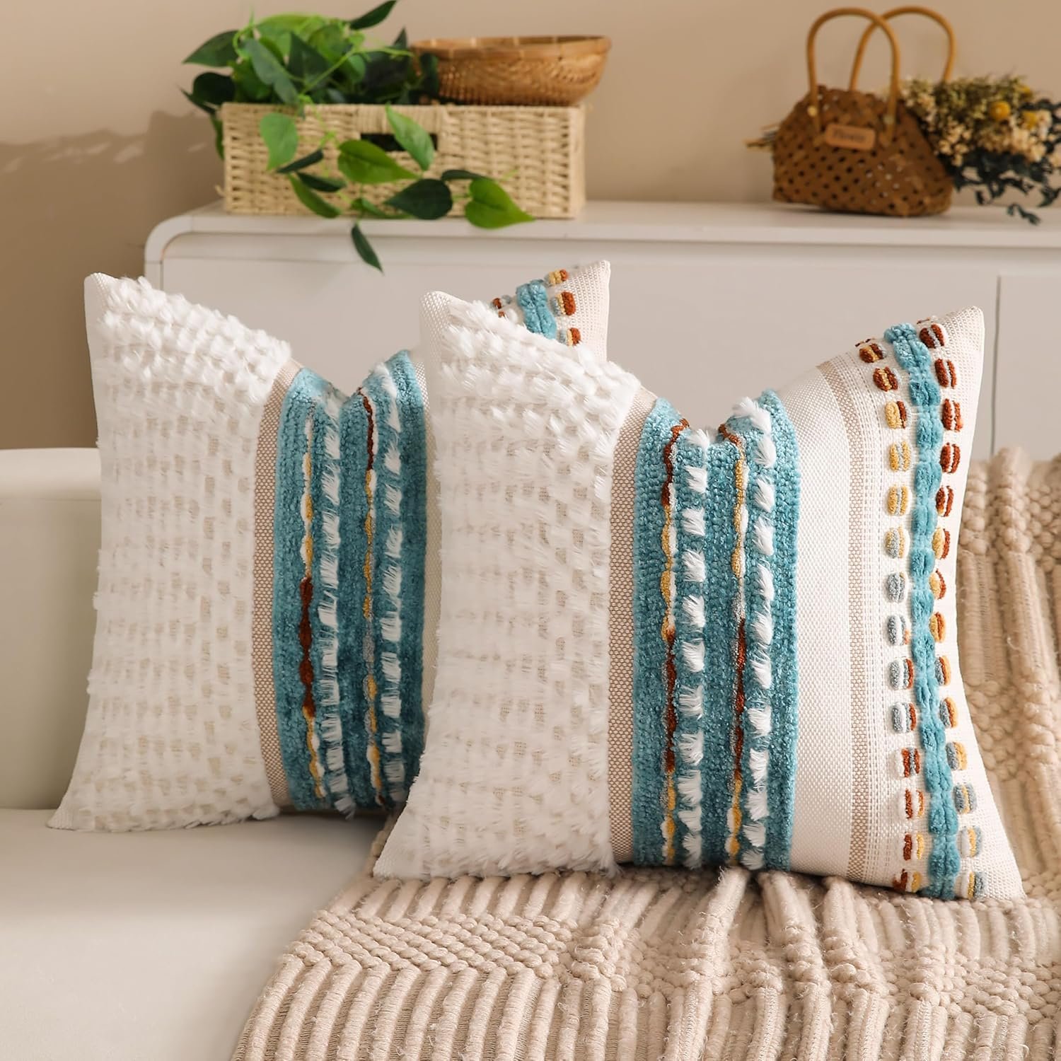 Boho Chenille Tufted Couch Throw Pillow Covers 18×18 Inch Set of 2 Farmhouse Striped Decorative Pillow Covers Accent Neutral Pillowcase Teal Cushion Cover for Living Room Sofa Bed