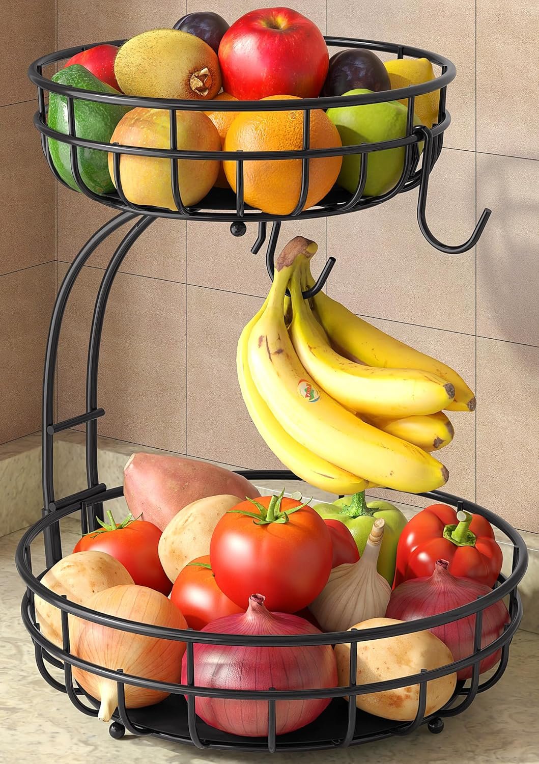 Sevenblue 2 Tier Large Fruit Basket for Kitchen Counter with Removable Banana Hanger – Sturdy Iron Fruit Bowl for Kitchen Counter and Vegetable Holder, Fruit Holder for Kitchen Countertop, Black