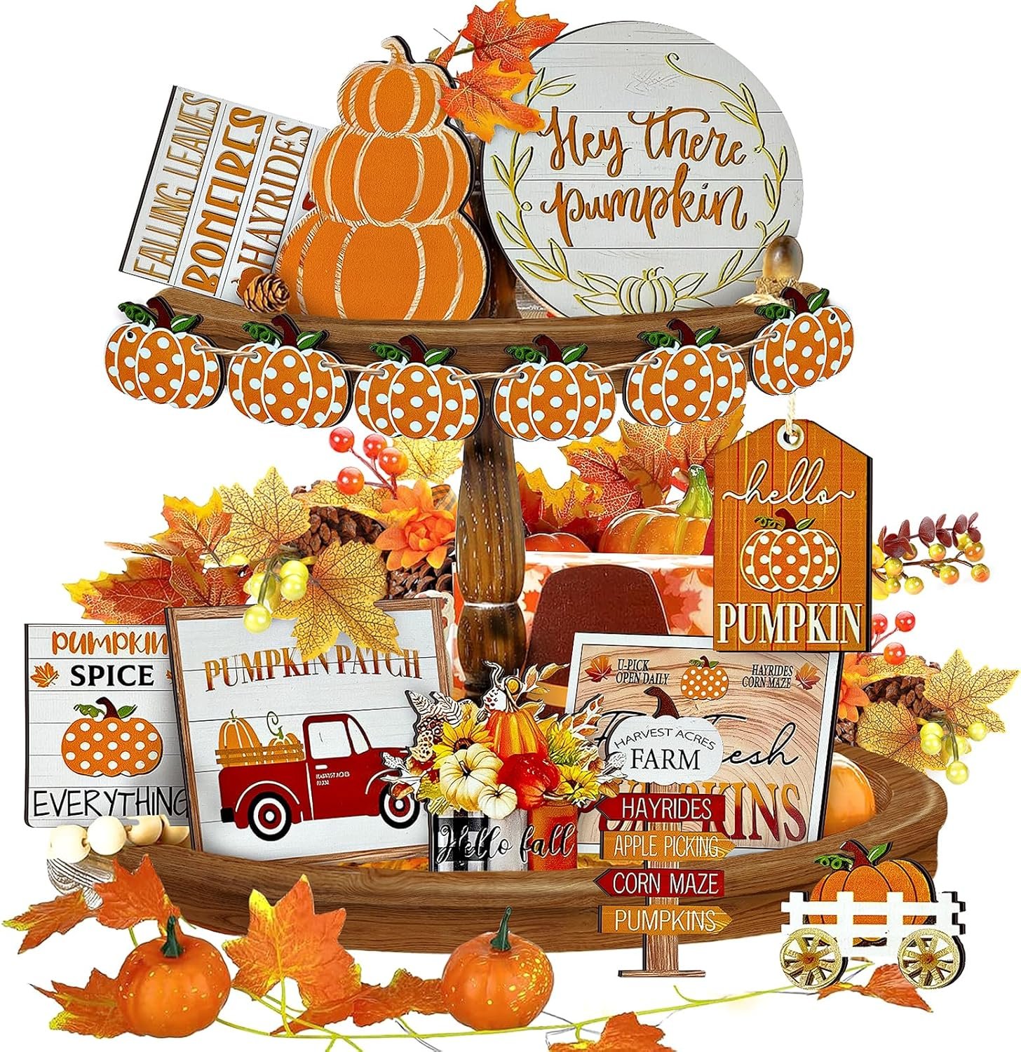 Thanksgiving Tiered Tray Decor Set Pumpkin Home Decorations Rustic Farmhouse Truck Wooden Sign Spice Blocks Autumn Sign for Festival Gift Tabletop (Pumpkin)